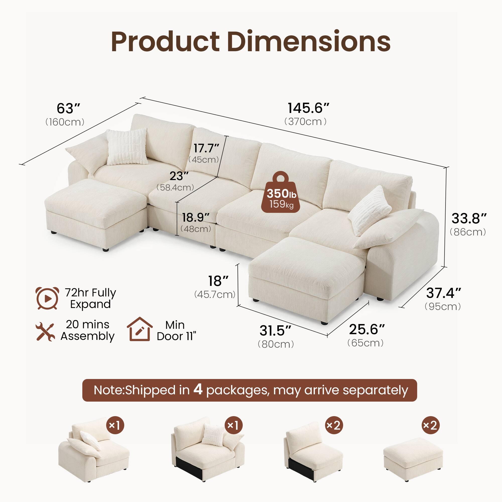 Product Dimensions:  
- 63" (160cm)  
- 145.6" (370cm)  
- 17.7" (45cm)  
- 23" (58.4cm)  
- 18.9" (48cm)  
- 350lb (159kg)  
- 33.8" (86cm)  
- 72hr Fully Expand  
- 20 mins Assembly  
- 18" (45.7cm)  
- Min 11"  
- Door 31.5" (80cm)  
- 25.6" (65cm)  
- 37.4" (95cm)  

Note: Shipped in 4 packages, may arrive separately  
- x1  
- x1  
- x2  
- x2