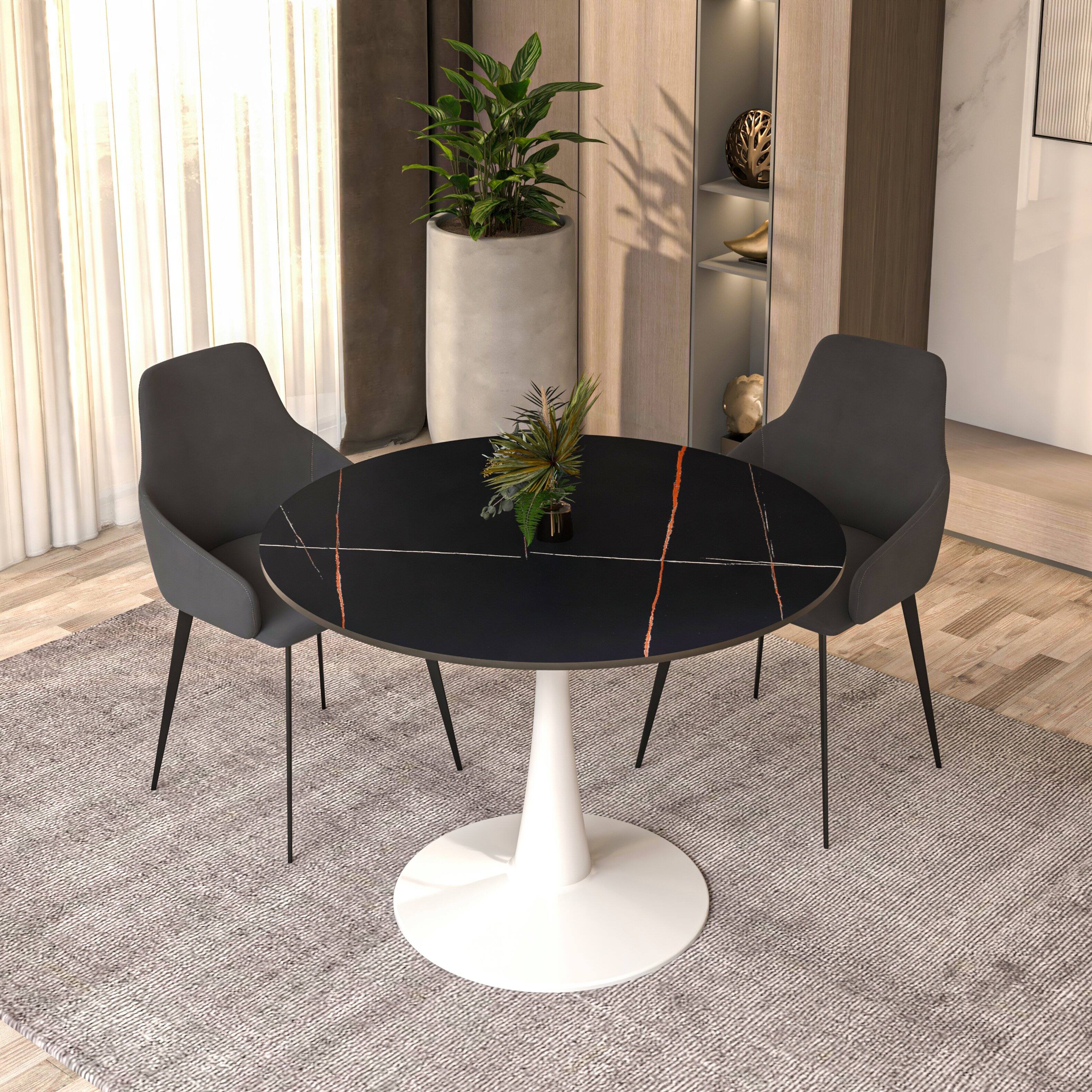 Left. LeisureMod - Bristol Round Dining Table, Modern MDF/Sintered Stone Top & Scratch-Resistant Steel Base Kitchen Table - Stone - Black.