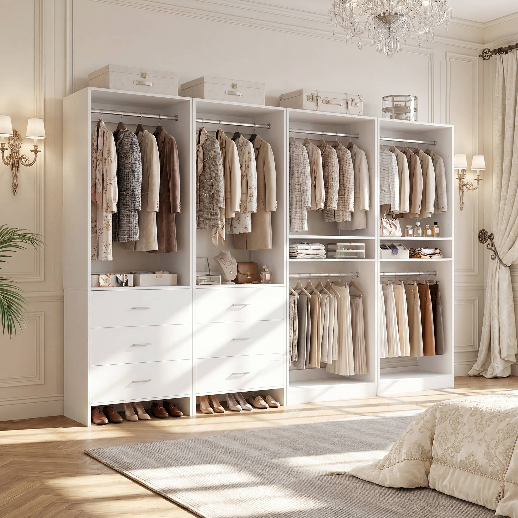 Aheaplus - 98'' Walk-in Closet Organizer System, 4 Piece Wardrobe Set with 6 Drawers, 6 Hanging Rods & Adjustable Shelves - White price history on PriceWatchPro