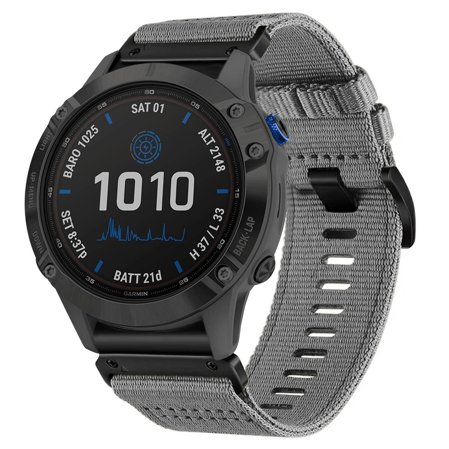30 55 SAT 01 LIGHT LIG 50 1025 ALT 2148 BARO 2148 UP MENU 45 1010 15 SET 33 /L LAP DOWN 40 8:37p H 37 20 BACK BATT 21d GARMIN