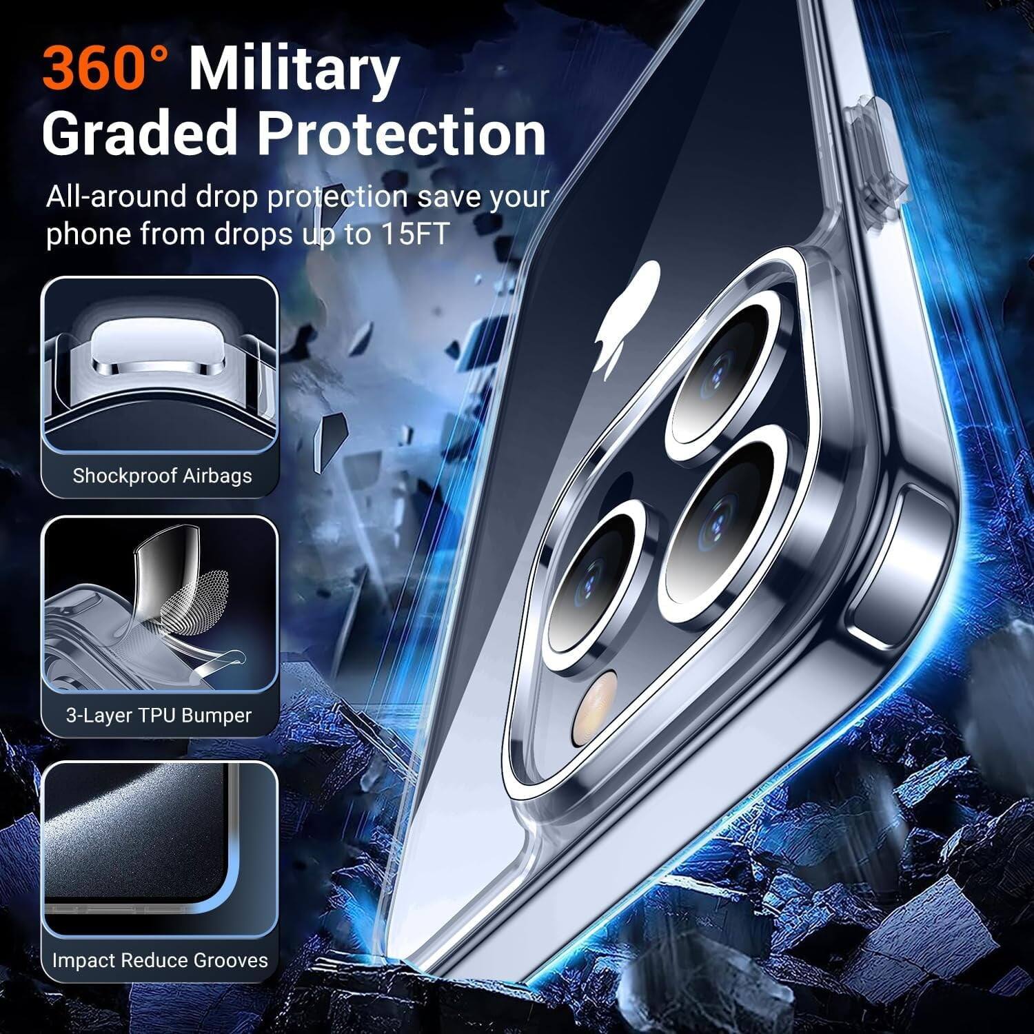 360° Military Graded Protection
All-around drop protection save your phone from drops up to 15FT
Shockproof Airbags
3-Layer TPU Bumper
Impact Reduce Grooves