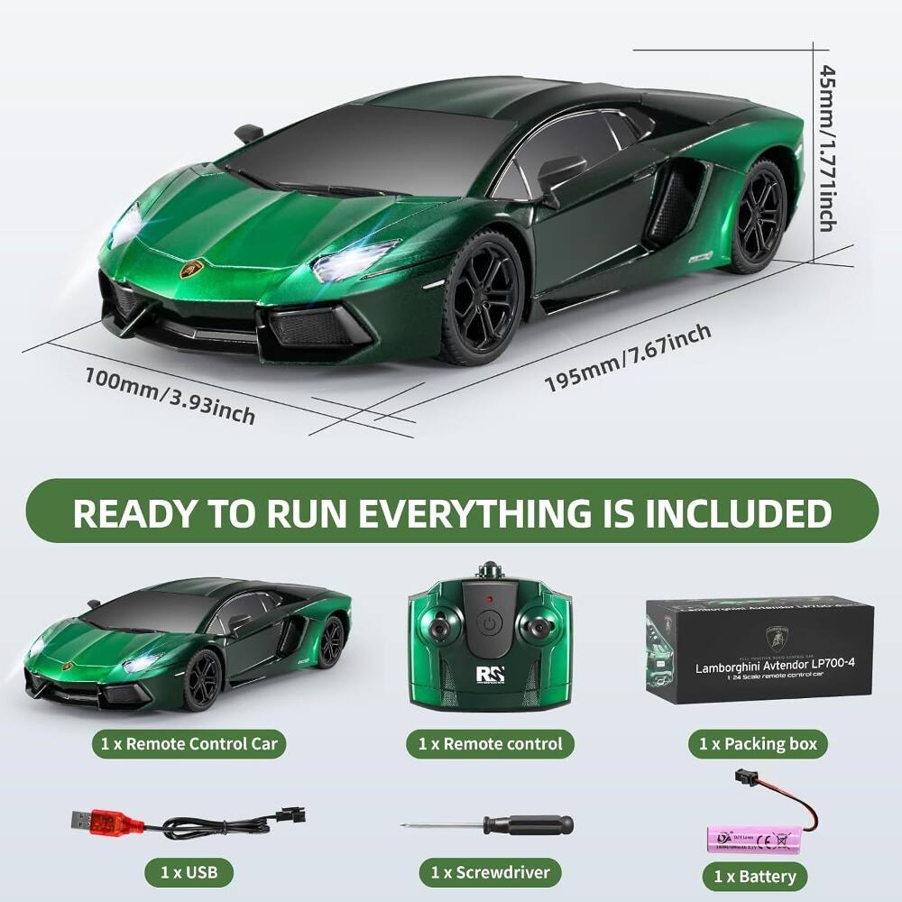 100mm/3.93inch 195mm/7.67inch 45mm/1.77inch

READY TO RUN EVERYTHING IS INCLUDED

RS Lamborghini Avtendor LP700-4

- 1 x Remote Control Car
- 1 x Remote control
- 1 x Packing box
- 1 x USB
- 1 x Screwdriver
- 1 x Battery