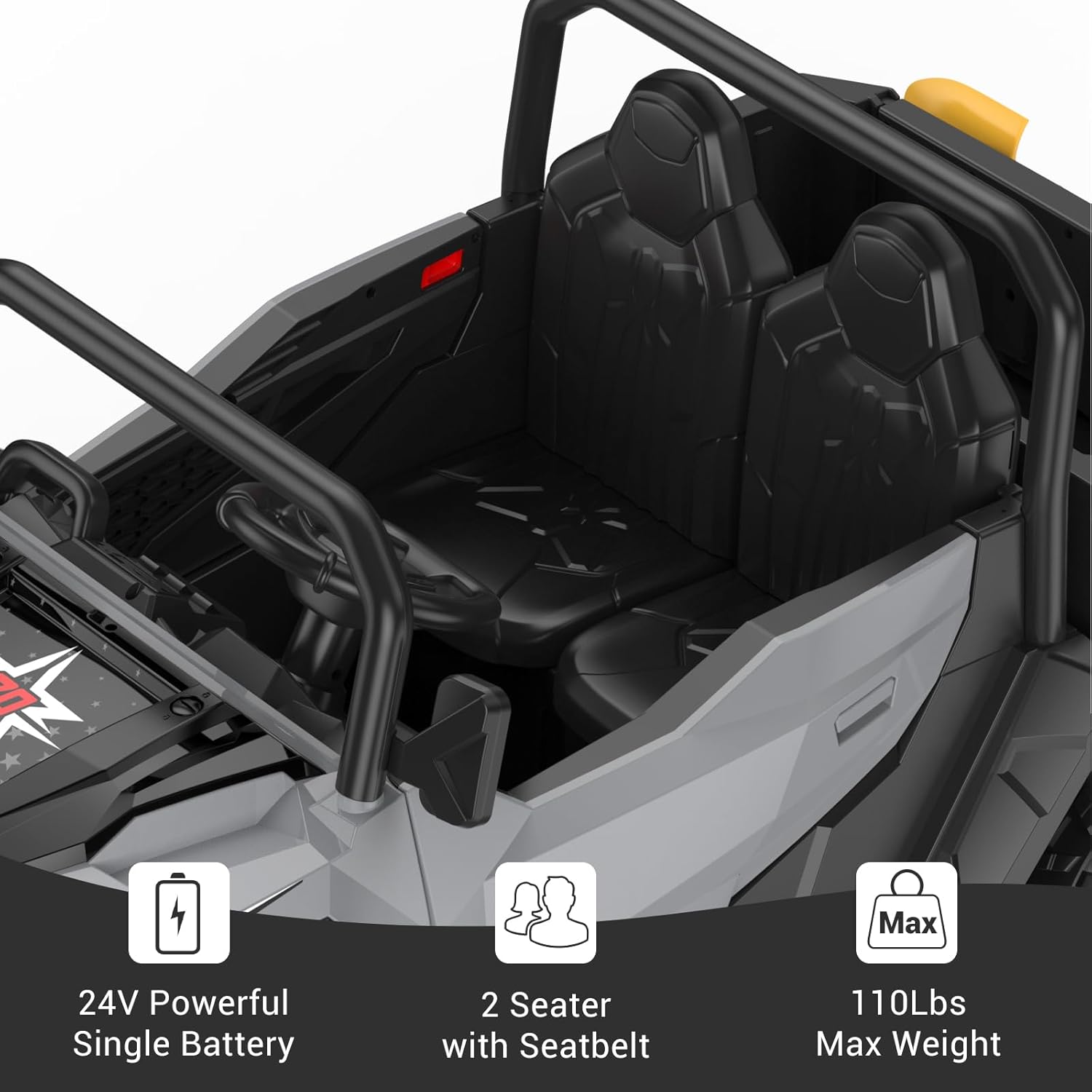 24V Powerful Single Battery  
2 Seater with Seatbelt  
110Lbs Max Weight