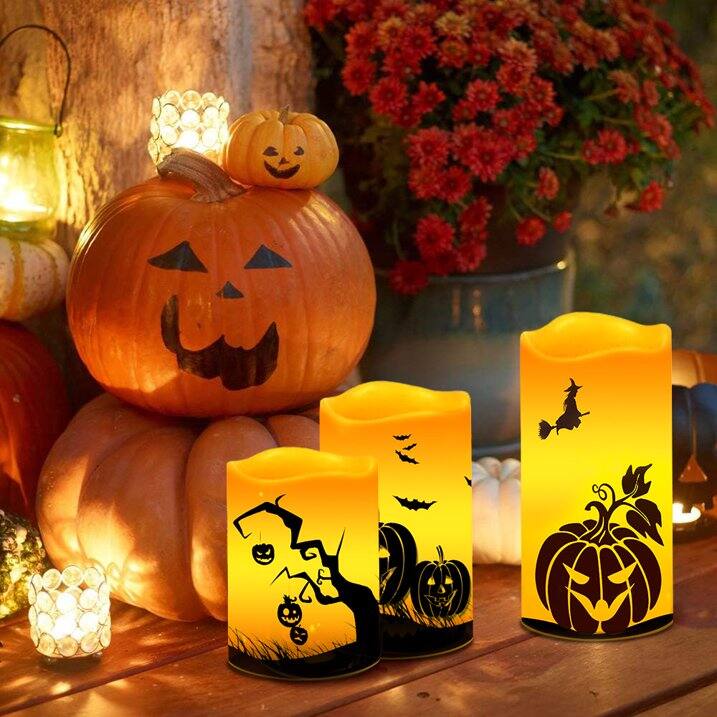 Alt View 1. MOVSSOU - Halloween Flameless Candles Flickering Remote Timer Battery Operated 3 Pumpkin Halloween Decoration - yellow.