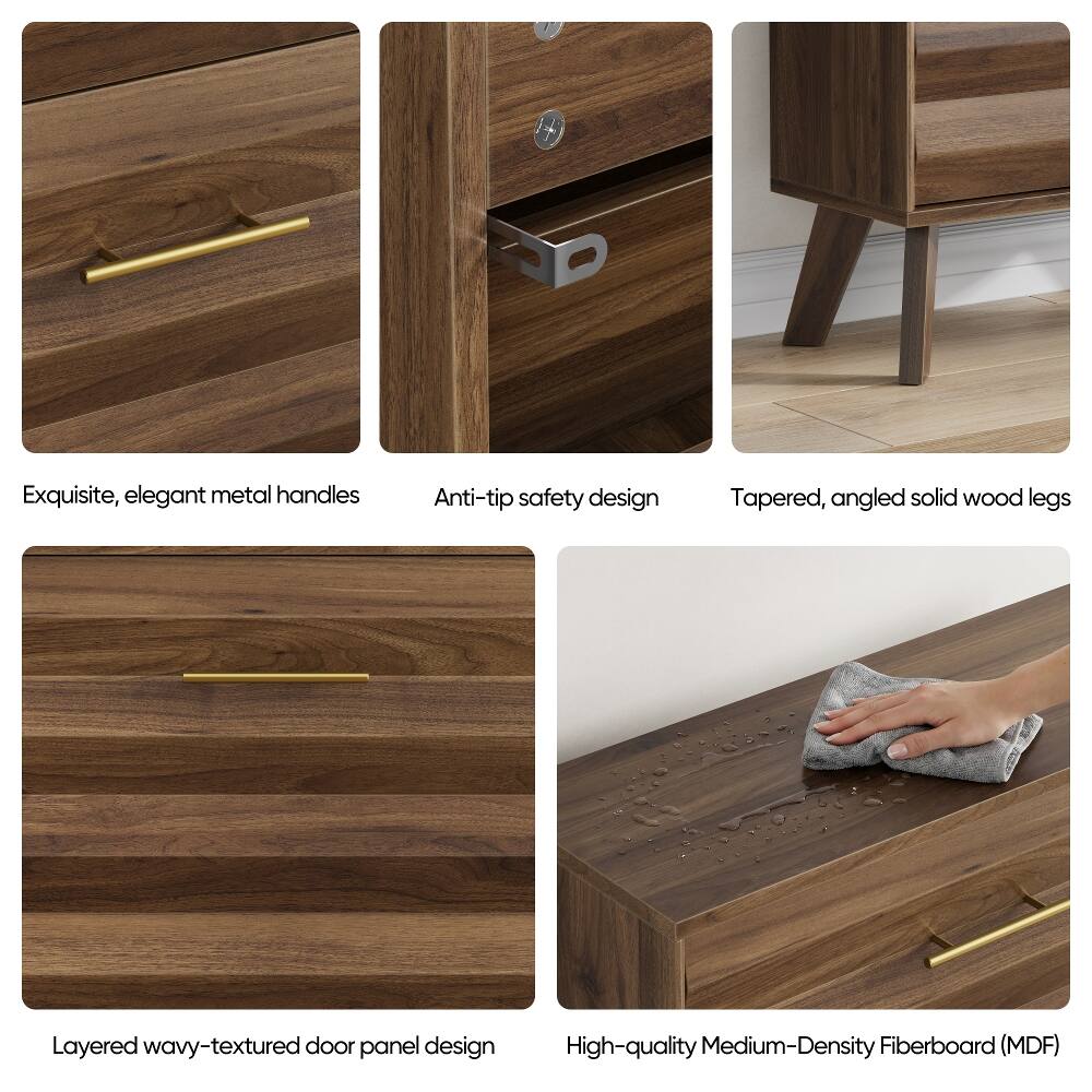 Exquisite, elegant metal handles  
Anti-tip safety design  
Tapered, angled solid wood legs  
Layered wavy-textured door panel design  
High-quality Medium-Density Fiberboard (MDF)