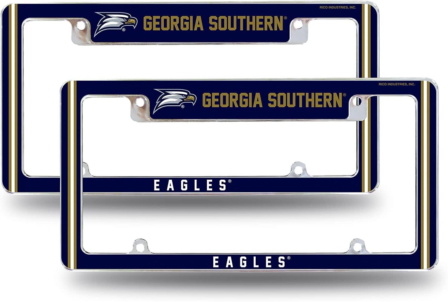 Rico Industries - Georgia Southern NCAA Eagles (Set of 2) Chrome Metal License Plate Frames with Bold Full Frame Design - Multi