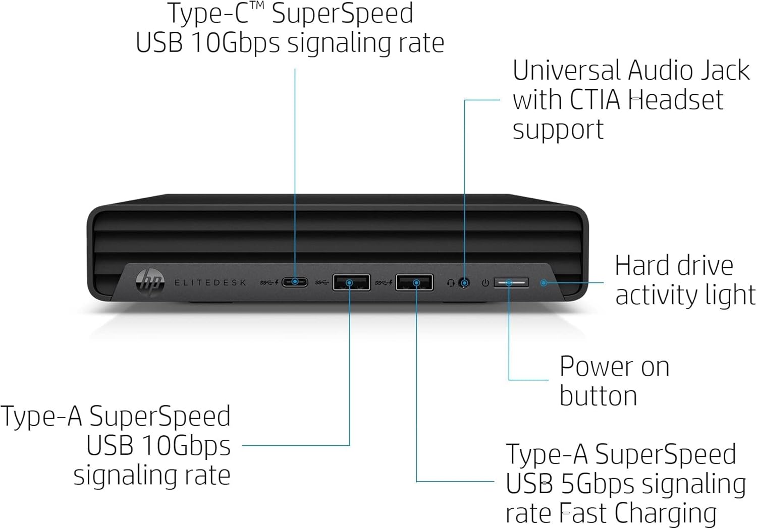 - Type-C™ SuperSpeed USB 10Gbps signaling rate
- Universal Audio Jack with CTIA Headset support
- Hard drive activity light
- Power on button
- Type-A SuperSpeed USB 10Gbps signaling rate
- Type-A SuperSpeed USB 5Gbps signaling rate Fast Charging