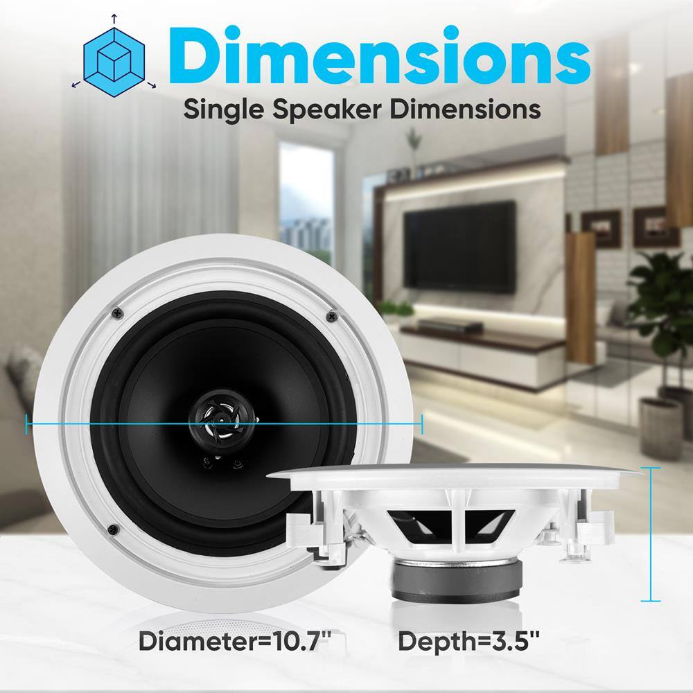 Dimensions  
Single Speaker Dimensions  

Diameter=10.7"  
Depth=3.5"