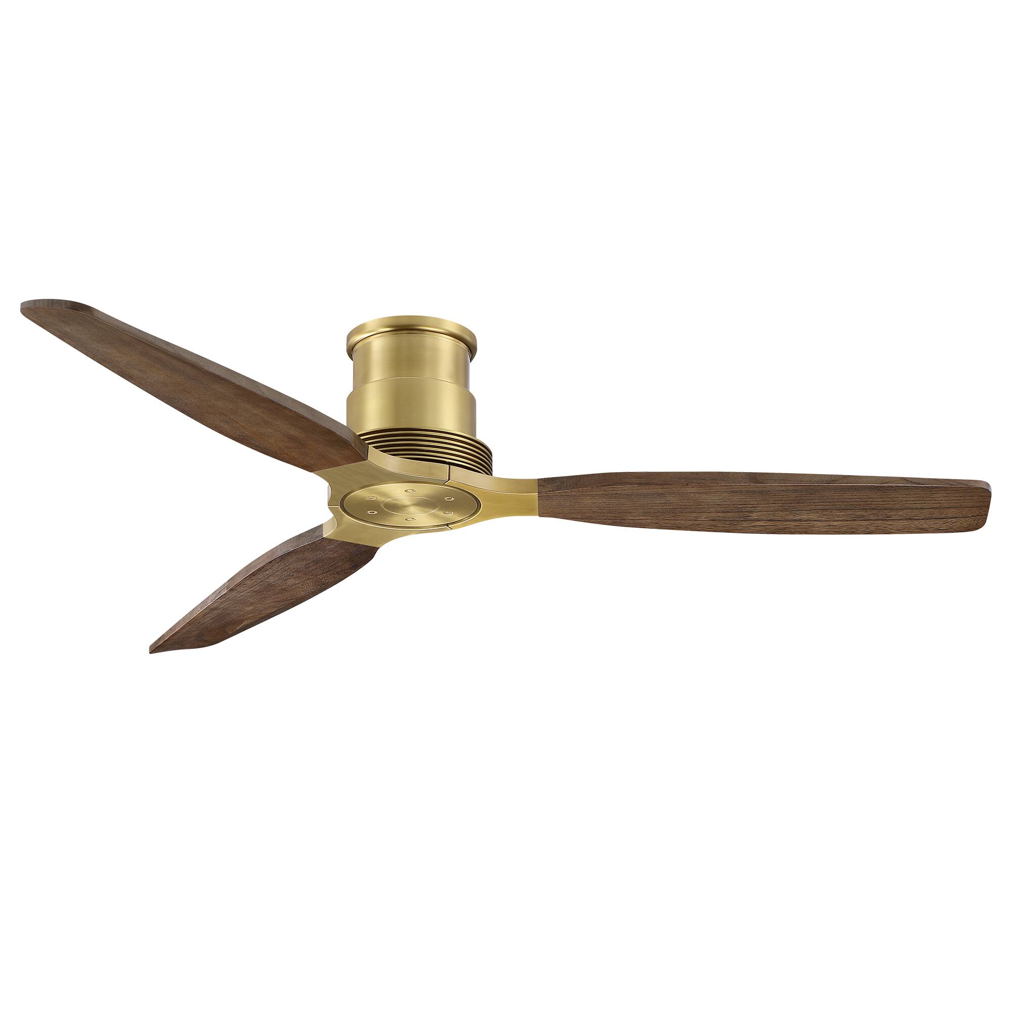 Back. Parrot Uncle - 56" Mid Centry 3 Solid Wood Blades Flush Mount Lightweight Ceiling Fan with Remote, No Light - Vintage Brass.