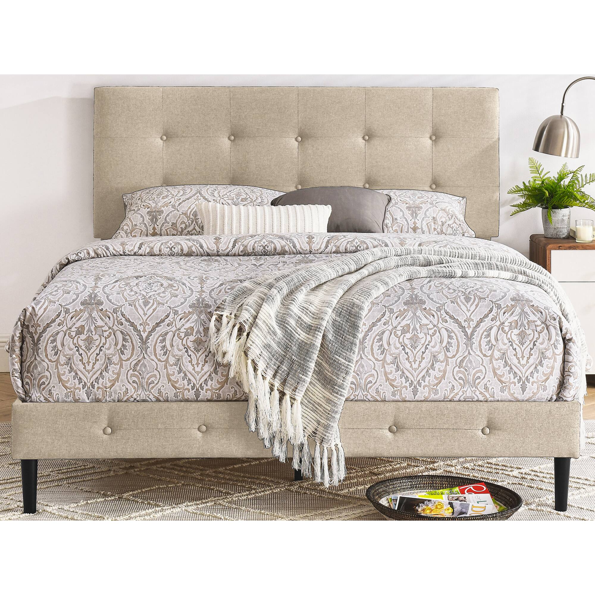 Front. Decoro - DeCoro Cambridge Upholstered Wooden Platform Bed Frame w/Headboard, King, Linen - Linen.