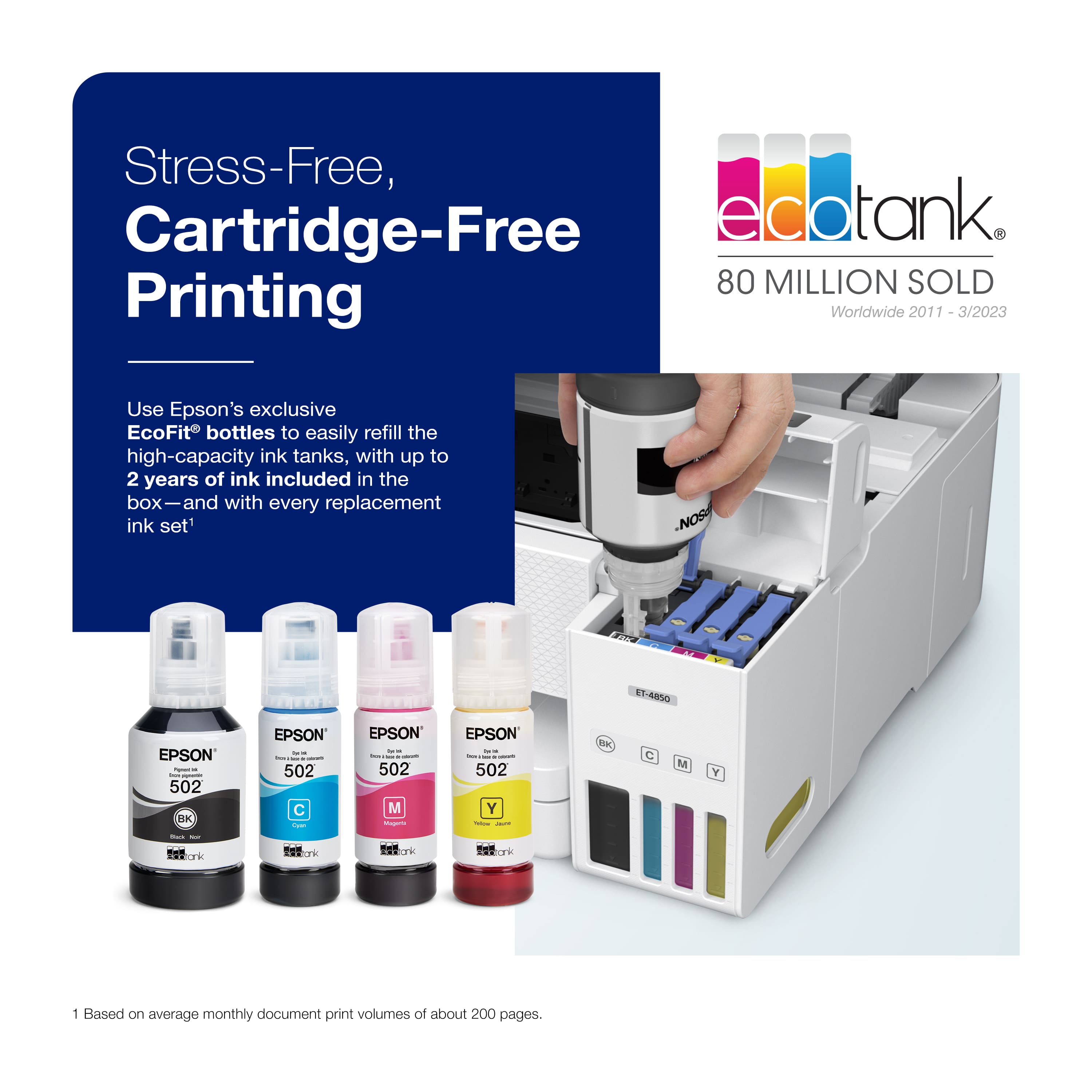 Stress-Free, Cartridge-Free edotank 80 MILLION SOLD Printing Worldwide 2011-2023 Use Epson's exclusive EcoFit bottles to easily refill the high-capacity ink tanks, with up to 2 years of ink included in the box-and with every replacement ink set. O.N. 61-4850 EPSON: - : 502 BK EPSON F : : 502 C - EPSON 2 - : : 502 M EPSON - : - : 502 Y - - MK C M Y - - THE TORK 1 Based on average monthly document print volumes of about 200 pages.