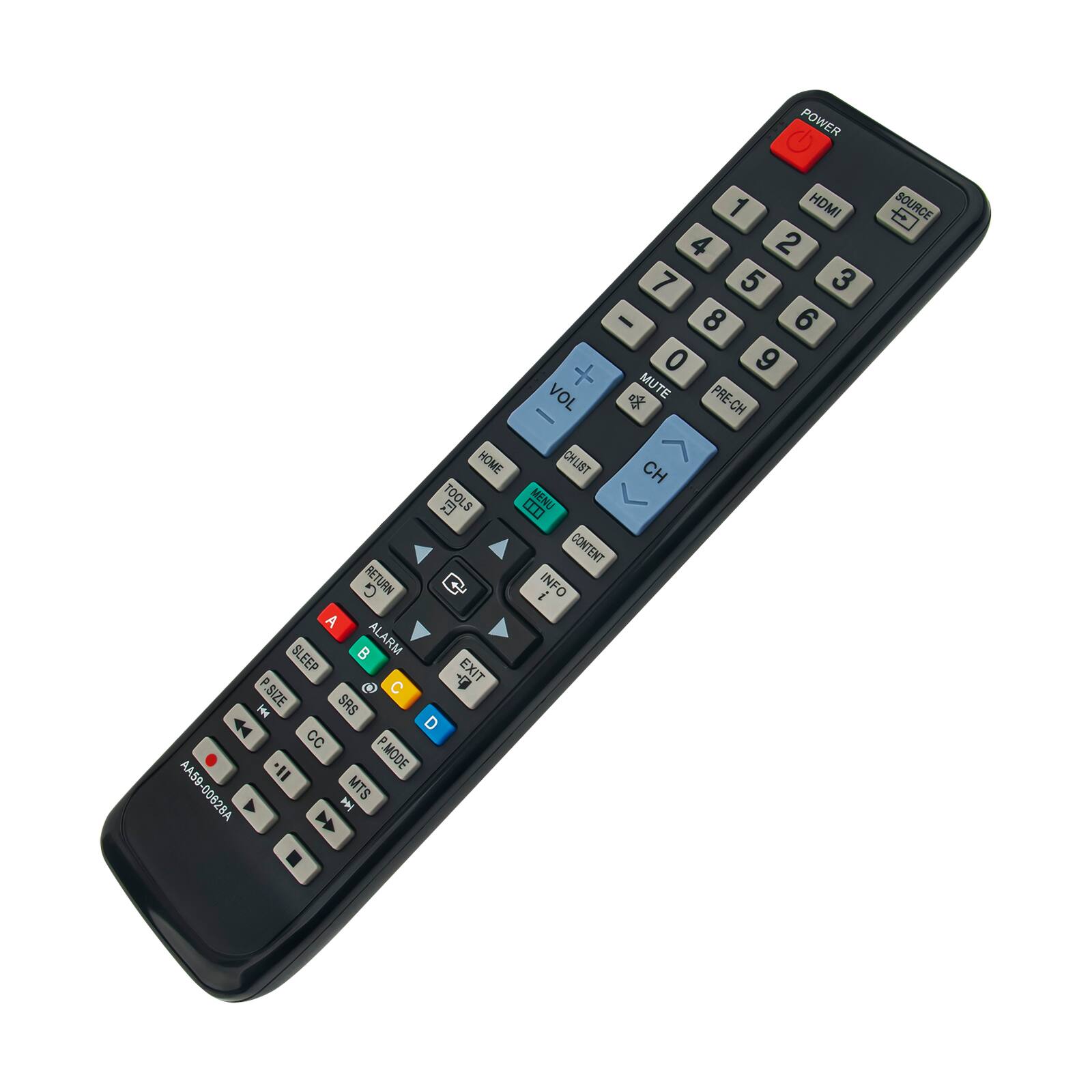 POWER  
1 HDMI 4 2 7 5 3 - 8 6 + 0 9 VOL MUTE PRE-CH CH HOME CHLIST CH TOOLS MENU CONTENT G RETURN i INFO A St ALARM SLEEP EXIT P O C - PSIZE SAS D CC *II P MODE AA50-00628A MTS Y PN + SOURCE
