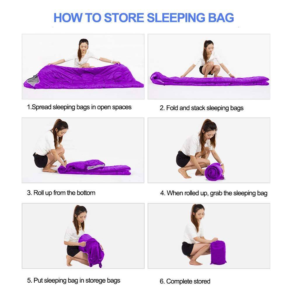 Sure, here is the corrected and grouped text:

---

**HOW TO STORE SLEEPING BAG**

1. Spread sleeping bags in open spaces
2. Fold and stack sleeping bags
3. Roll up from the bottom
4. When rolled up, grab the sleeping bag
5. Put sleeping bag in storage bags
6. Complete stored

---