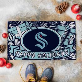 Evergreen Enterprises - Seattle Kraken 28" x 16" Happy Holidays Christmas Turf Door Mat - Multicolor