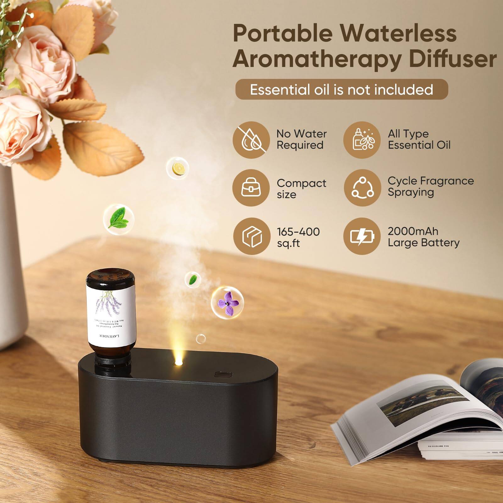 Portable Waterless Aromatherapy Diffuser  
Essential oil is not included  

- No Water Required  
- All Type Essential Oil  
- Compact size  
- Cycle Fragrance Spraying  
- 165-400 sq.ft  
- 2000mAh Large Battery  

COEAVT