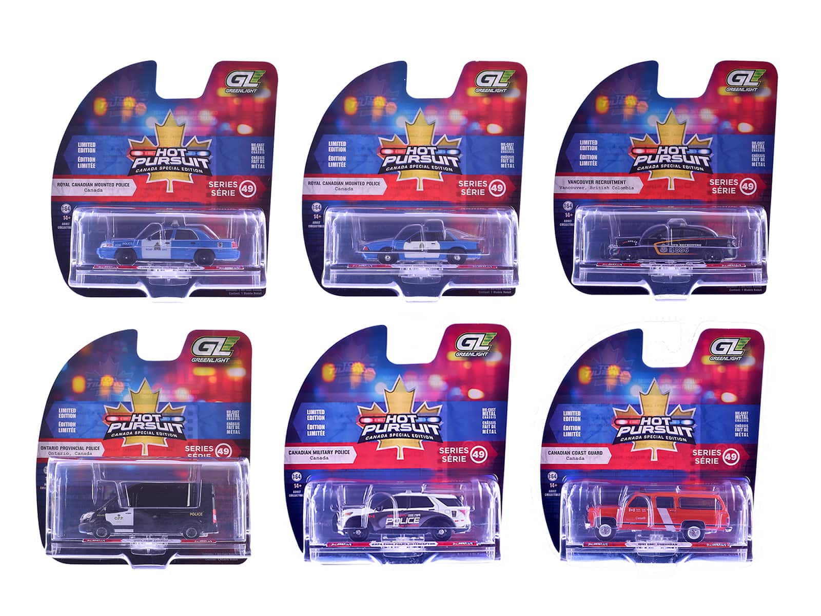 "Hot Pursuit - Canada Special Edition" Set of 6 Police Cars 1/64 Diecast Model Cars by Greenlight - Multi