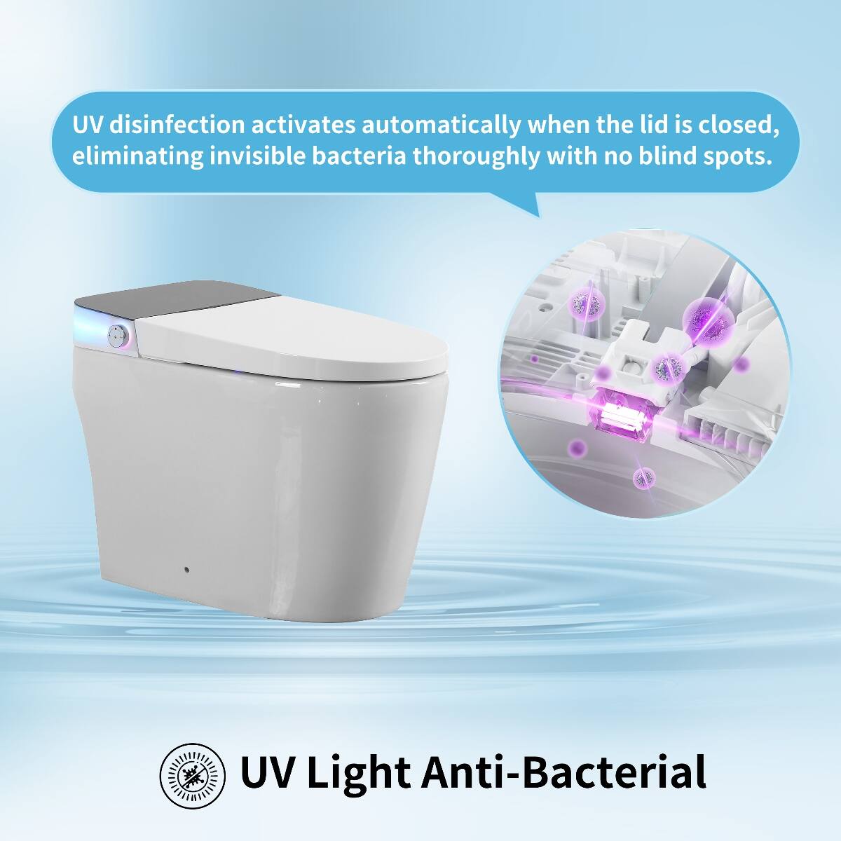 UV disinfection activates automatically when the lid is closed, eliminating invisible bacteria thoroughly with no blind spots.

UV Light Anti-Bacterial