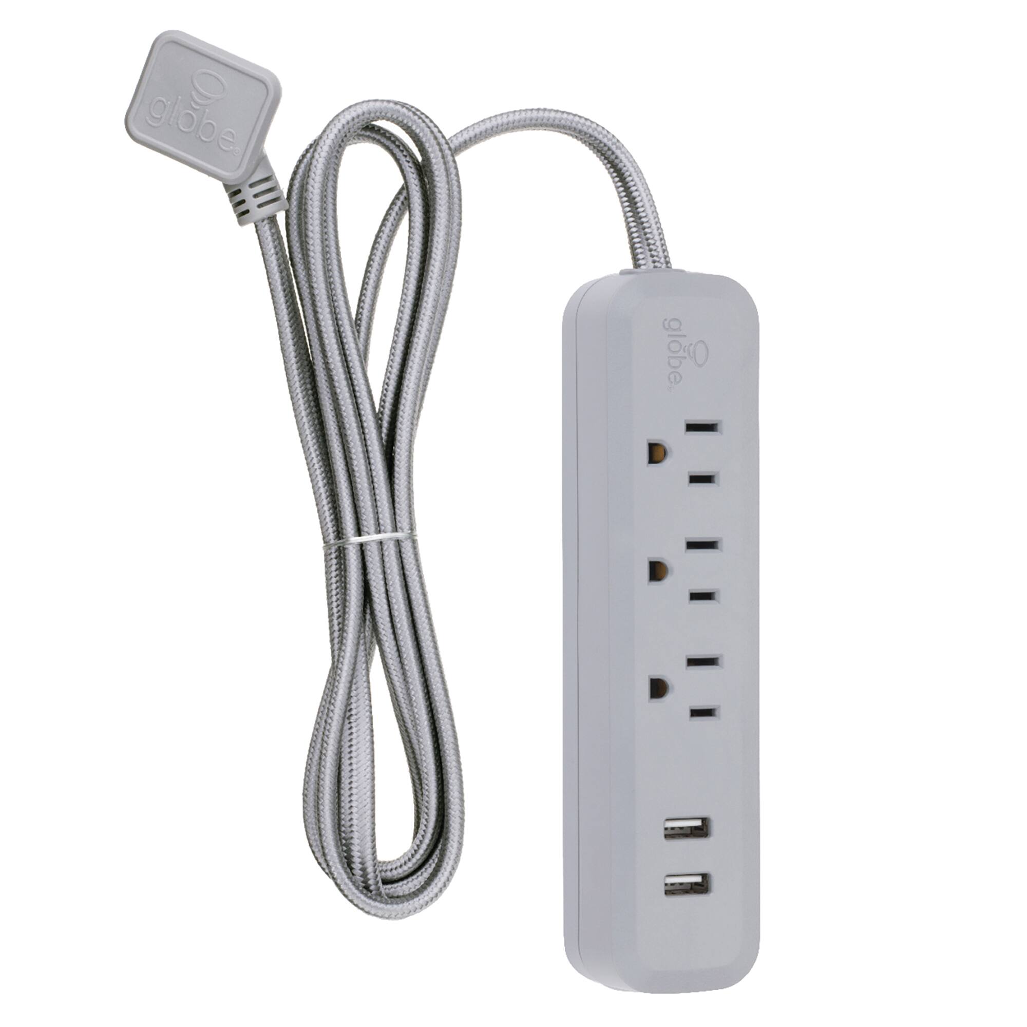 Front. globe electric - Designer Series 3-Outlet Surge Protector Strip with 2 USB Ports - Gray.