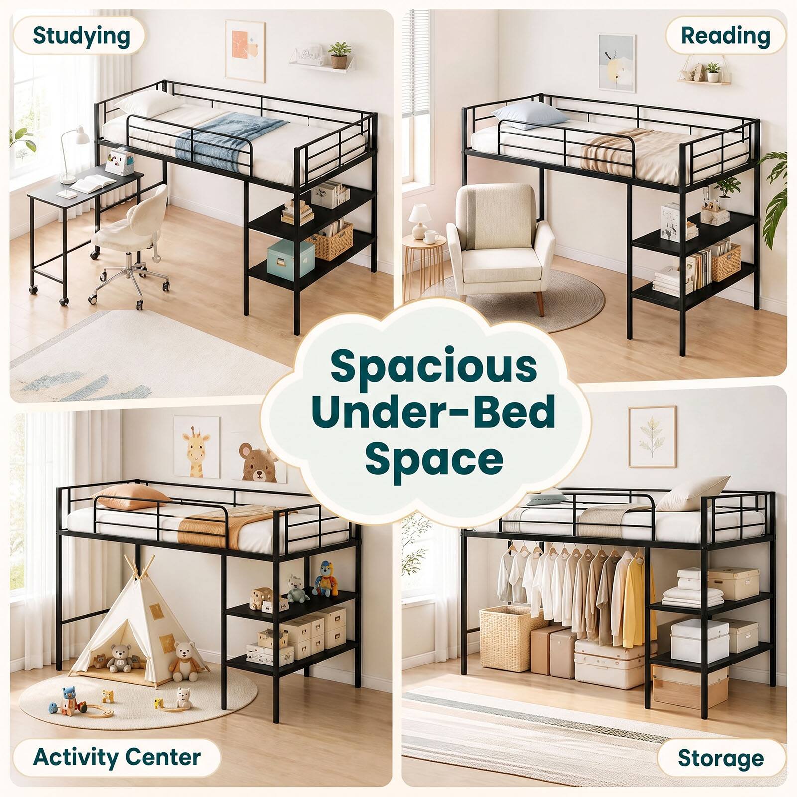 Studying  
Reading  
Spacious Under-Bed Space  
Activity Center  
Storage