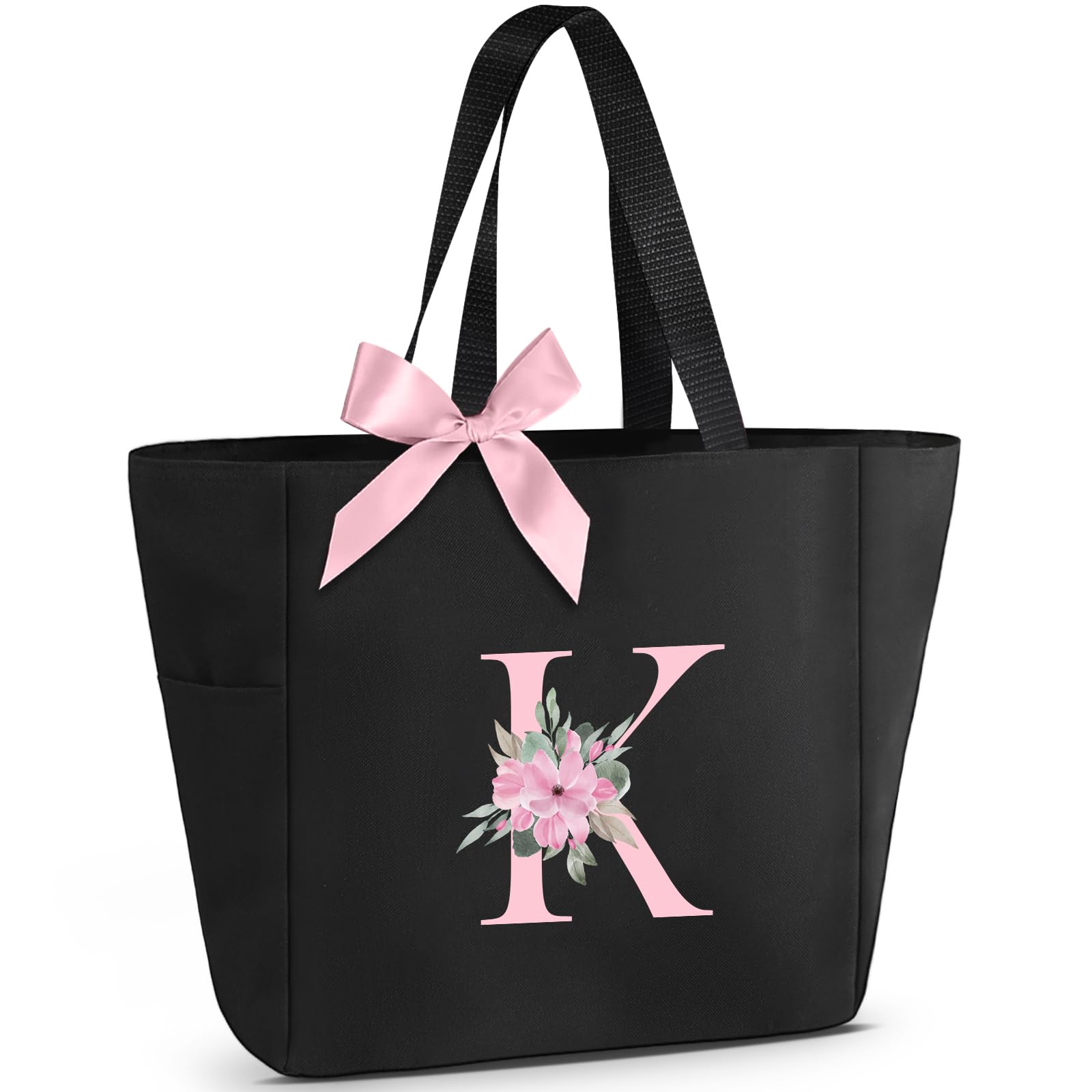 Front. DORLUKFU - Tote Bag, A-Z Initial Monogrammed Waterproof Tote Bag, Bridesmaid Gifts for Women, Black and Pink - Black.