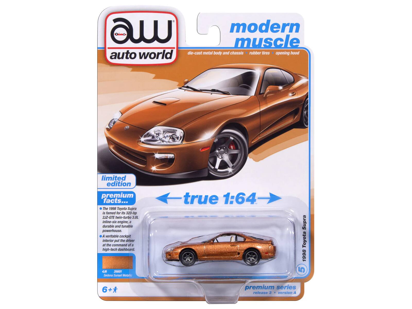 A modern muscle world die-cast metal body and chassis rubber tires opening hood auto limited edition premium facts... The 1998 Toyota Supra is famed for its 320-hp 2JZ-GTE twin-turbo 3.0V inline-six engine, a durable and tunable powerhouse. A veritable cockpit interior put the driver at the command of a high-tech dashboard. 45 28601 Sedona Sunset Metallic true 1:64 Supra Toyota 1998 5 6+ premium series release 3 version A
