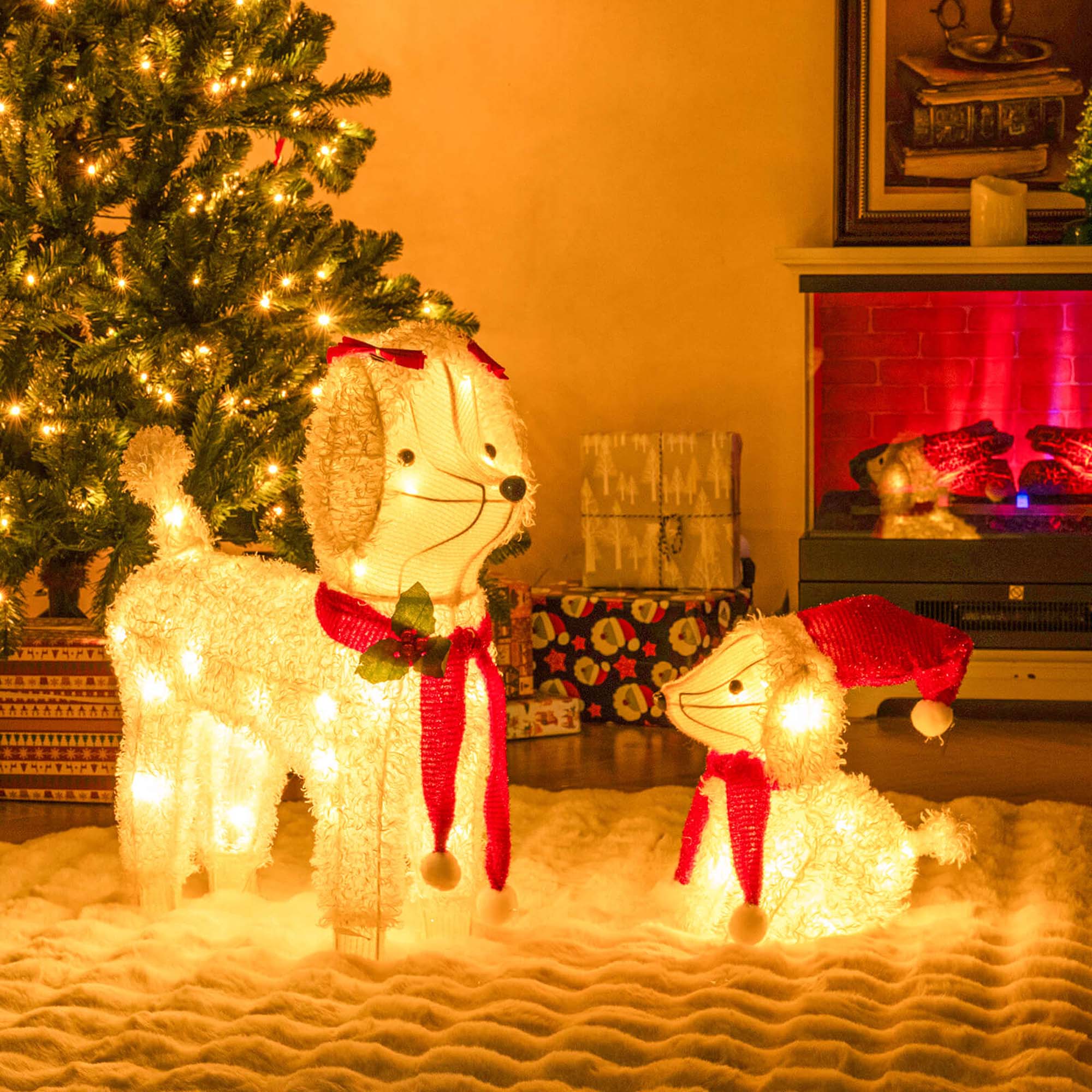 Alt View 4. Costway - Costway Pre-lit Mama & Baby Poodle Dogs 60 Warm White LED Lights Red Hat & Scarf - White.