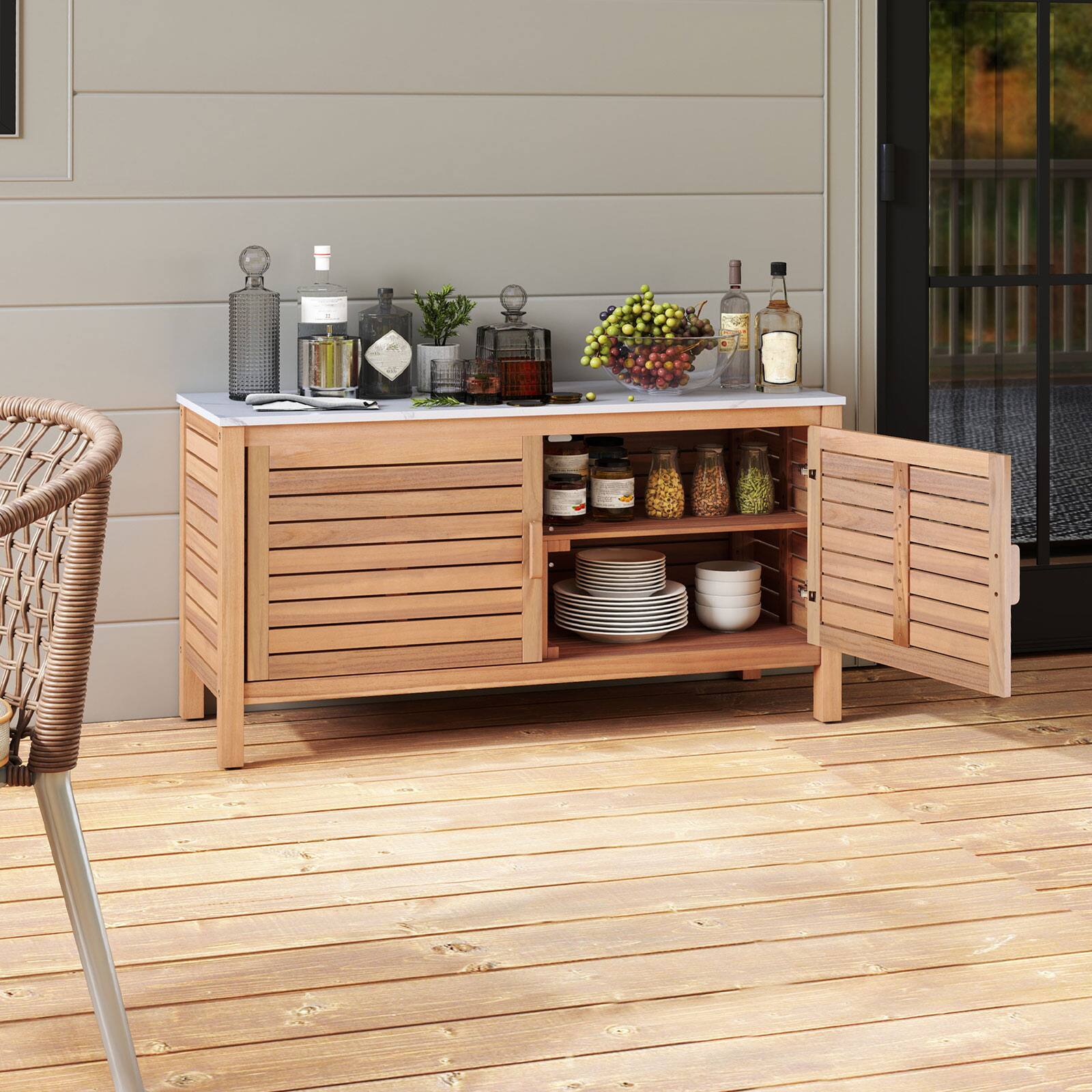 Alt View 3. Gymax - Gymax 2-Door Patio Storage Cabinet w/ Faux Marble Top Wooden Sideboard for Deck - Natural, White.