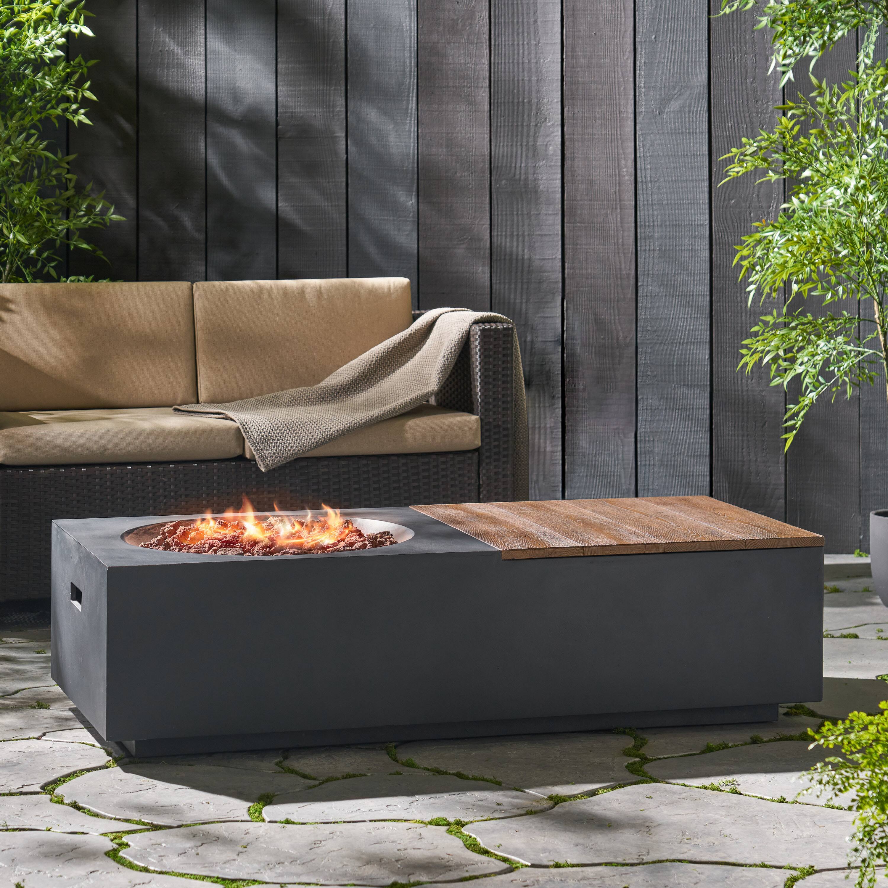 Back. APRILSOUL - Outdoor 50000 BTU Lightweight Concrete Rectangular Fire Pit Table with Storage Dark Gray Natural Brown Tank - Dark Gray.