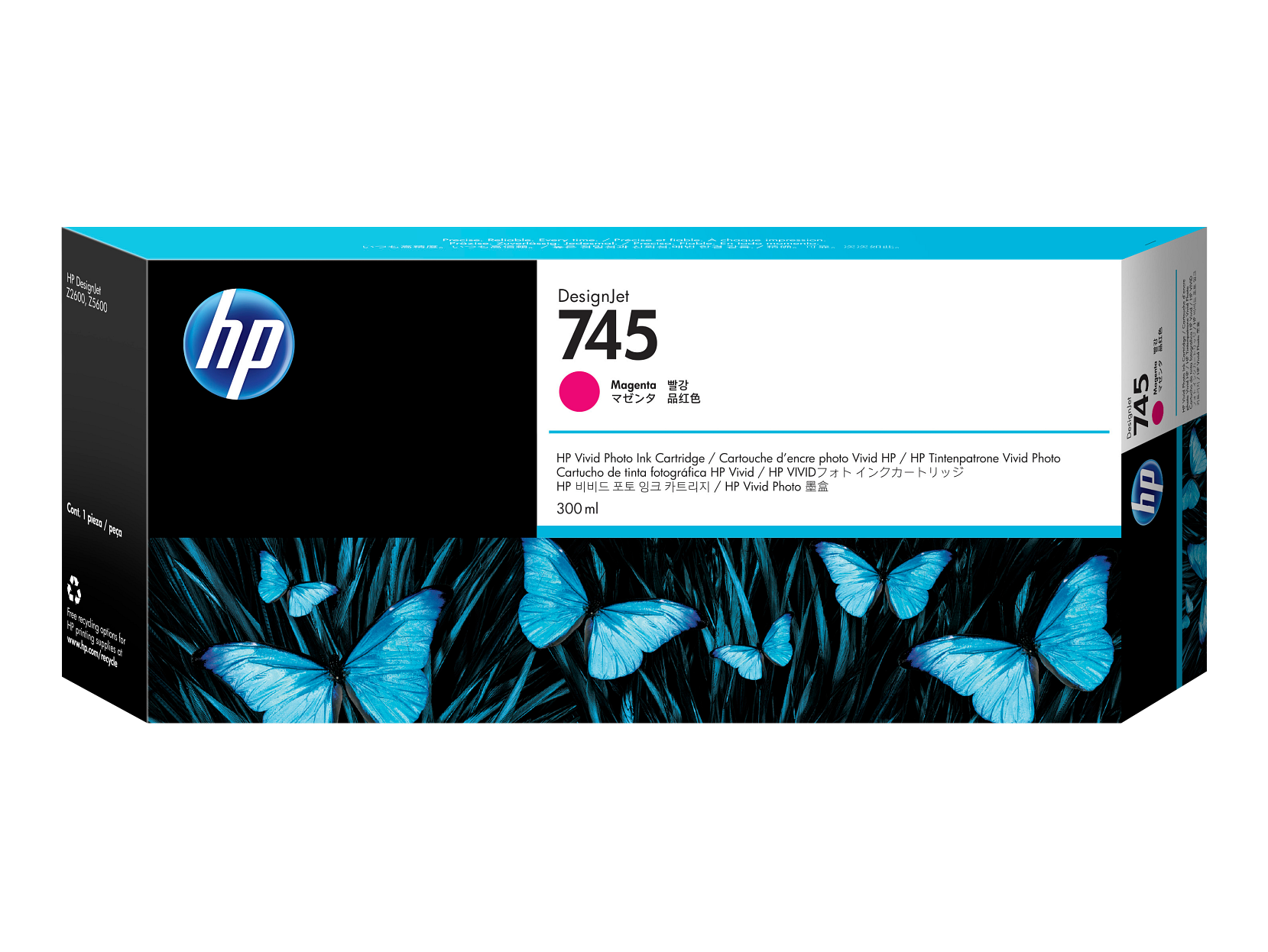 Sure, here is the corrected and grouped text from the image:

---

**HP DesignJet 745**

**Magenta**

**HP Vivid Photo Ink Cartridge / Cartouche d'encre photo Vivid HP / HP Tintenpatrone Vivid Photo / HP VMD MD**

**HP Vivid Photo 300 ml**

**Cont. 1 pièce / pieza / pcsa**

**HP DesignJet 745**

**Magenta**

**HP Vivid Photo Ink Cartridge / Cartouche d'encre photo Vivid HP / HP Tintenpatrone Vivid Photo / HP VMD MD**

**HP 비비드 포토 잉크 카트리지 / HP Vivid Photo 墨盒**

**300 ml**

**HP DesignJet 745**

**Magenta**

**HP Vivid Photo Ink Cartridge / Cartouche d'encre photo Vivid HP / HP Tintenpatrone Vivid Photo / HP VMD MD**

**HP 비비드 포토 잉크 카트리지 / HP Vivid Photo 墨盒**

**300 ml**

**HP DesignJet 745**

**Magenta