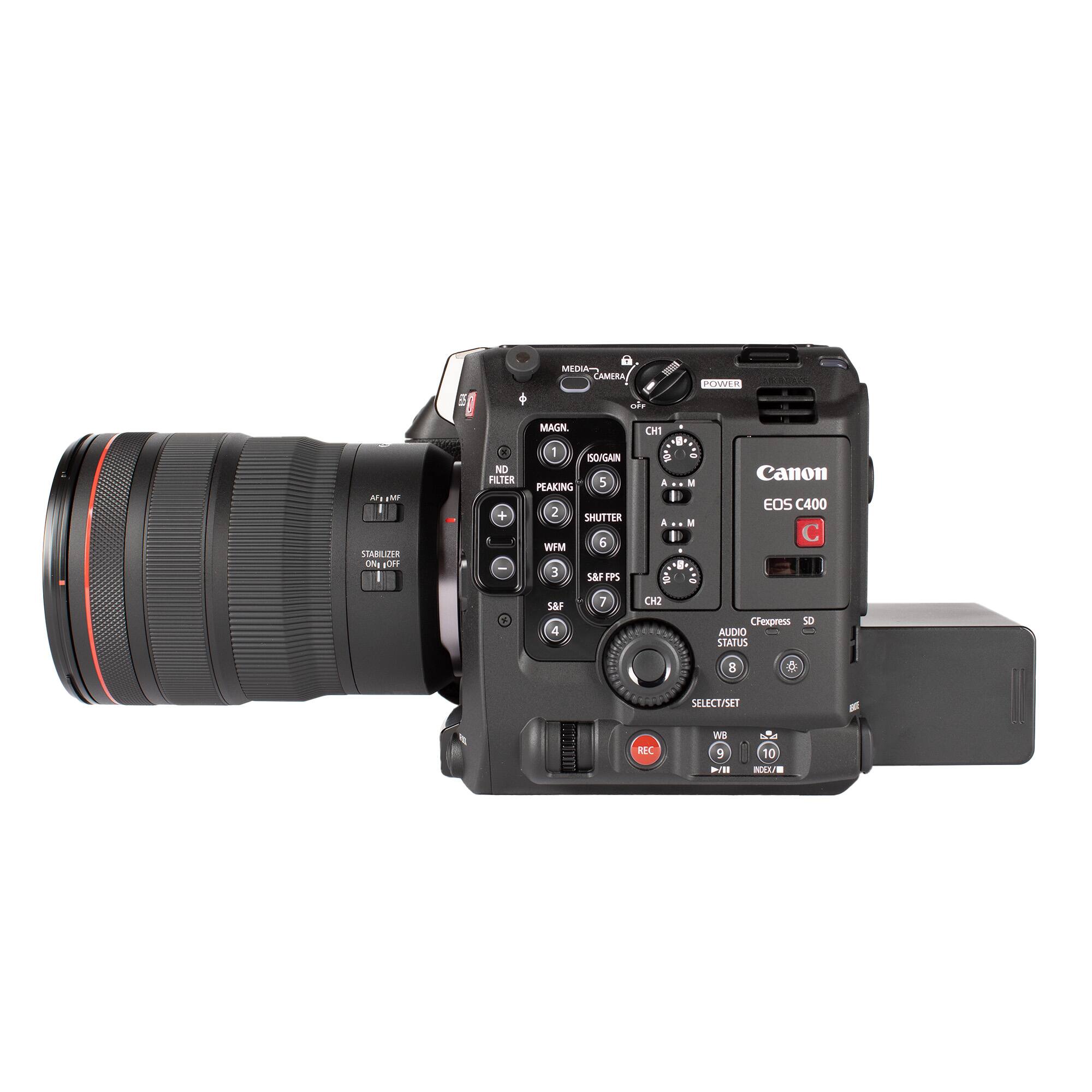 An M-STABILIZER Oma 10H AND FILTER + B MEDIA CAMERA POWER -4 MAGN CH1 8 1 SO/GAIN Canon PEAKING 5 a EOS C400 2 SHUTTER A . . C WFM 6 8 3 S&F IPS - 1 S&F 4 7 CH2 Clexpess 9 AUDIO STATUS E o SELECT/SET REC WE P " 10 NL -