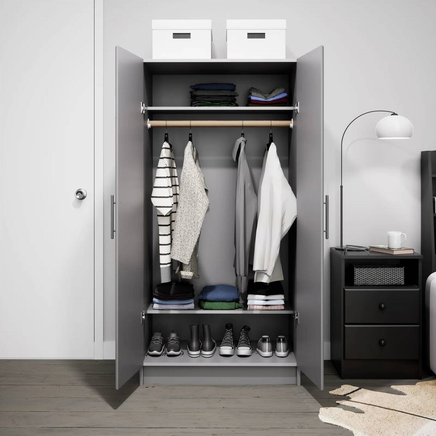 Angle. Hivvago - Bedroom Armoire Wardrobe Cabinet with Hanging Rail in Light Grey Wood Finish - Light Grey.