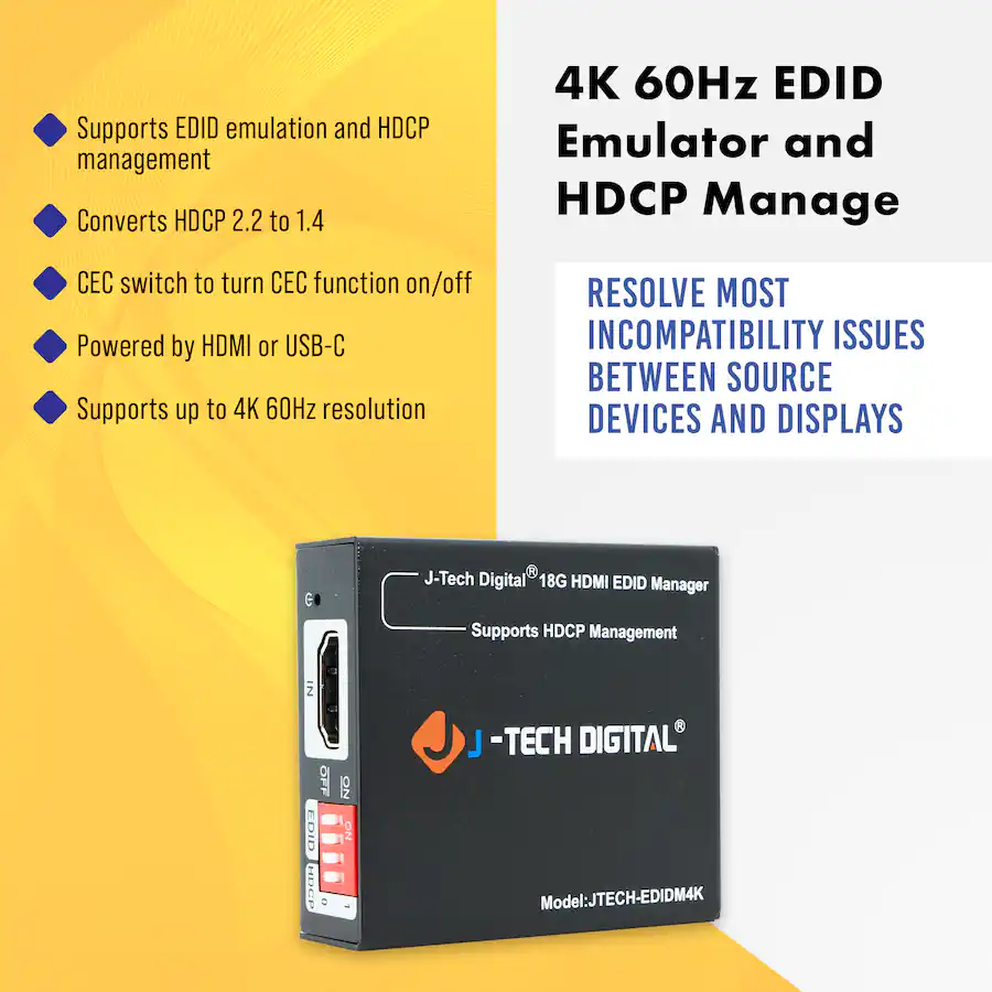 J Tech Digital 4K 60Hz HDMI EDID Emulator with HDCP Management and CEC ...