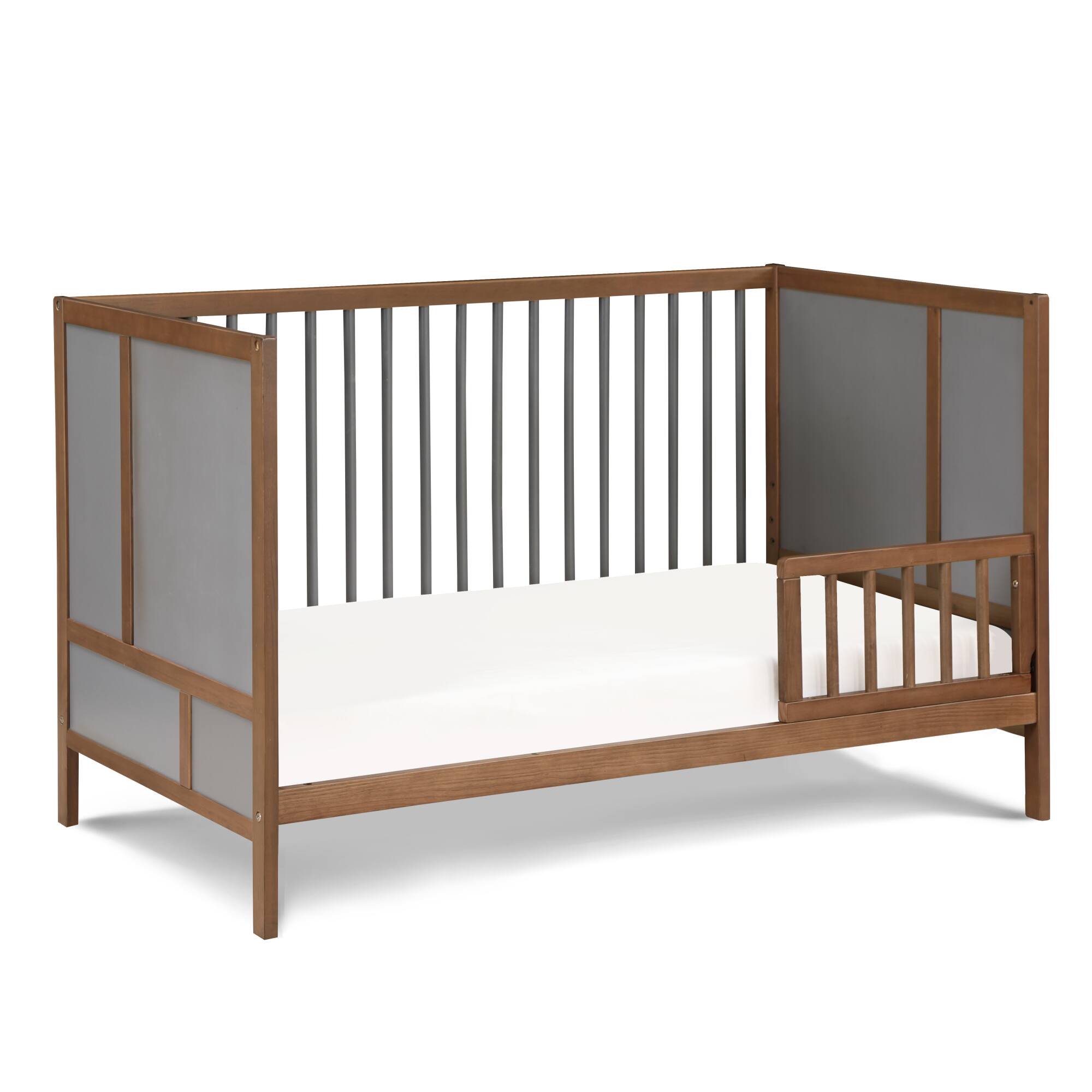 Back. GOODSILO - Modern 3-in-1 Convertible Wooden Crib with Adjustable Mattress Heights for Nursery Bedroom - Walnut Brown.