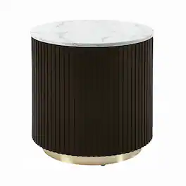 Manhattan Lane - Jeh Side End Table, Faux Marble Top, Metal Trim, Fluted Brown Wood 20 Inch - White, Espresso Brown, Gold