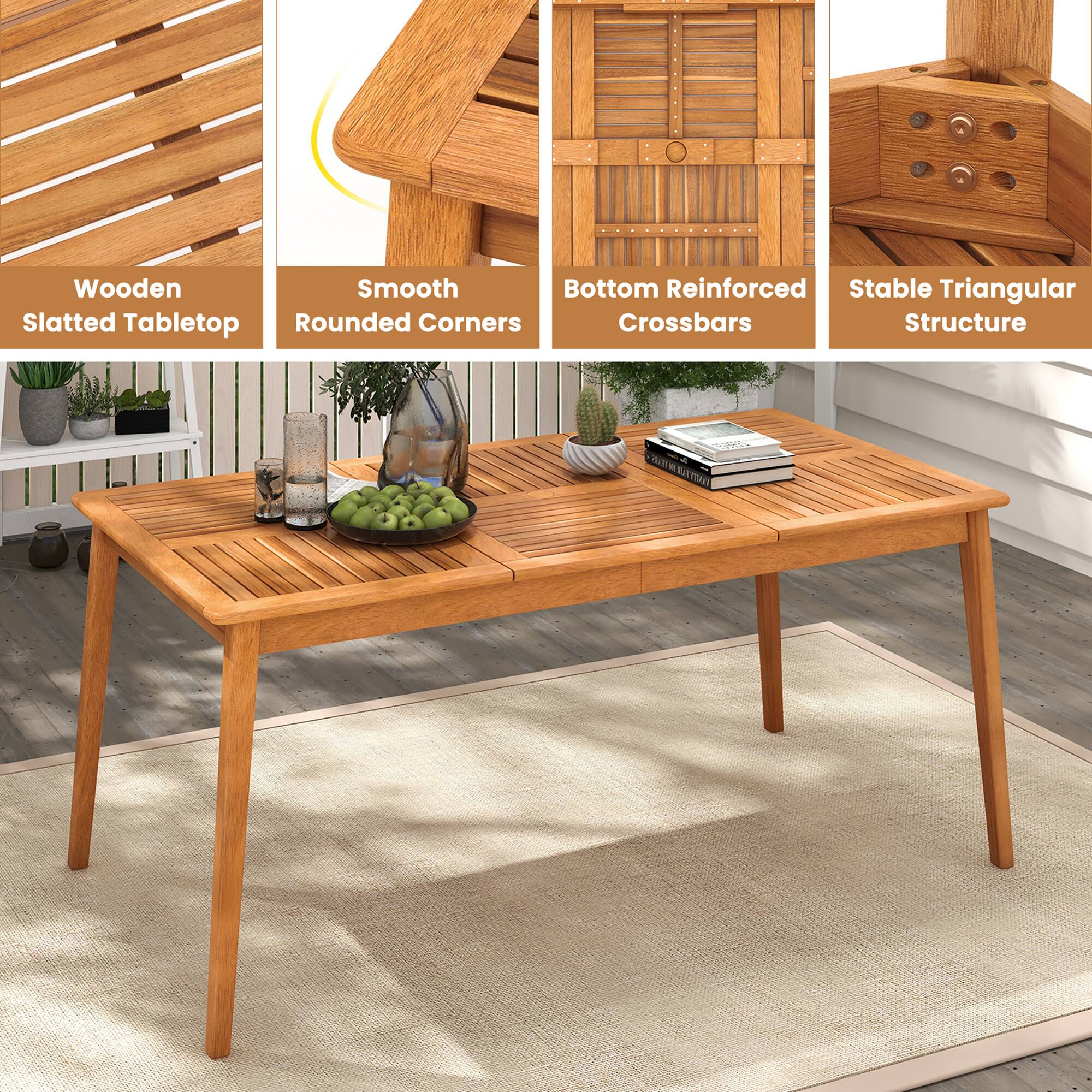 Wooden Slatted Tabletop  
Smooth Rounded Corners  
Bottom Reinforced Crossbars  
Stable Triangular Structure