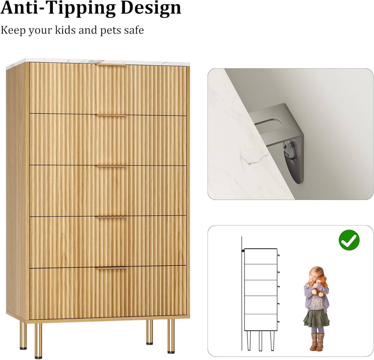 GARVEE Fluted 5 Drawer Dresser for Bedroom, Tall Chest with Faux Marble ...