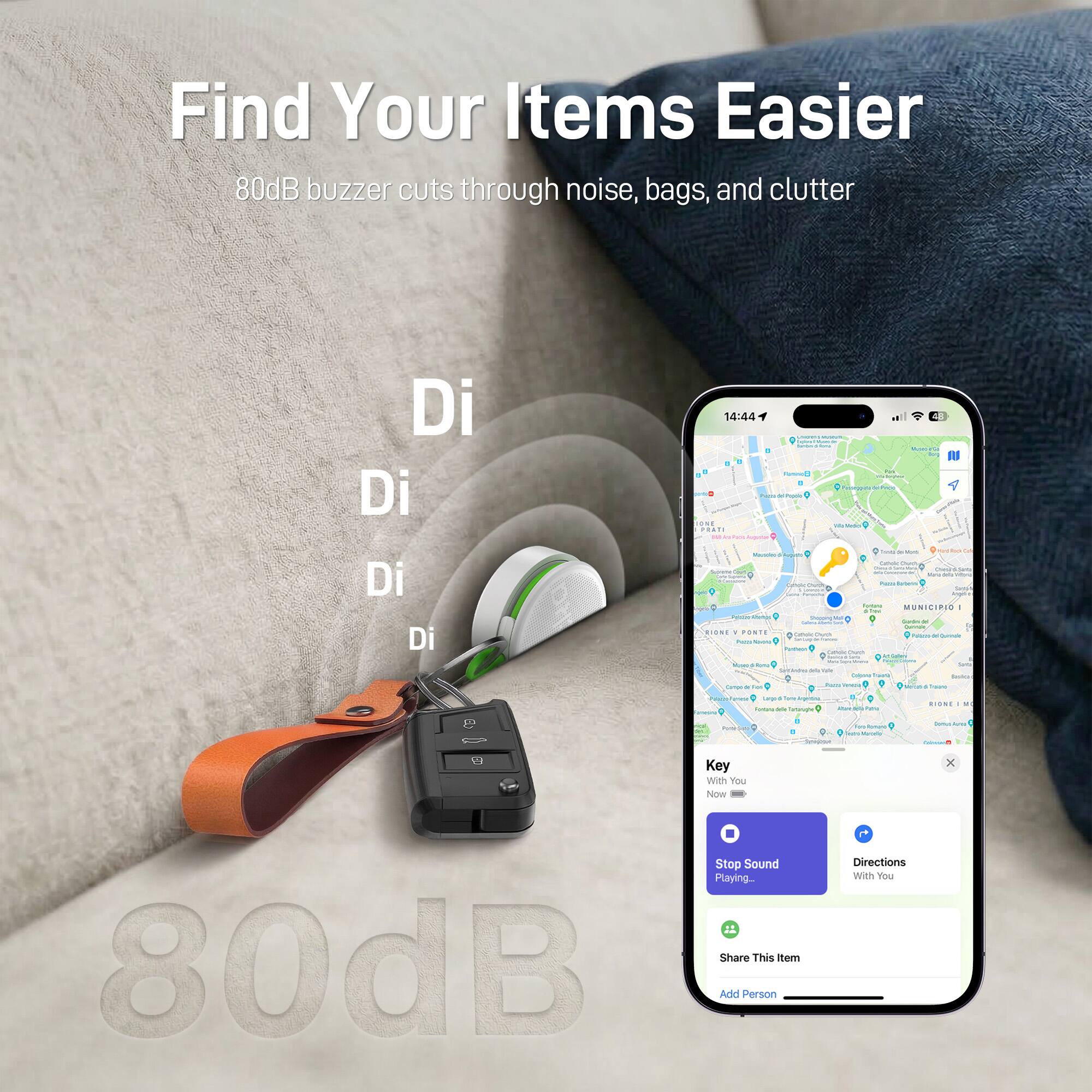 Find Your Items Easier  
80dB buzzer cuts through noise, bags, and clutter

Di Di  
Di Di

14:44  
ONE FRATI  
COMPANY - Barine's del Popos why -  
HOKE PONTE  
Argafic Calories Chick Salors - Ough Parthed  
my 56-965 Callishie 240 - ham MUNICIPIO Werking & Quinale Quaritute Crants Miliabery  
Kavina Calore  
Come Larvers Milk bransple  
you  
ROONE 1 :  
fore

Followed  
Key With You Now  
X  
o Stop Sound Playing...  
Share This Item 80dB Add Person  
Directions With You