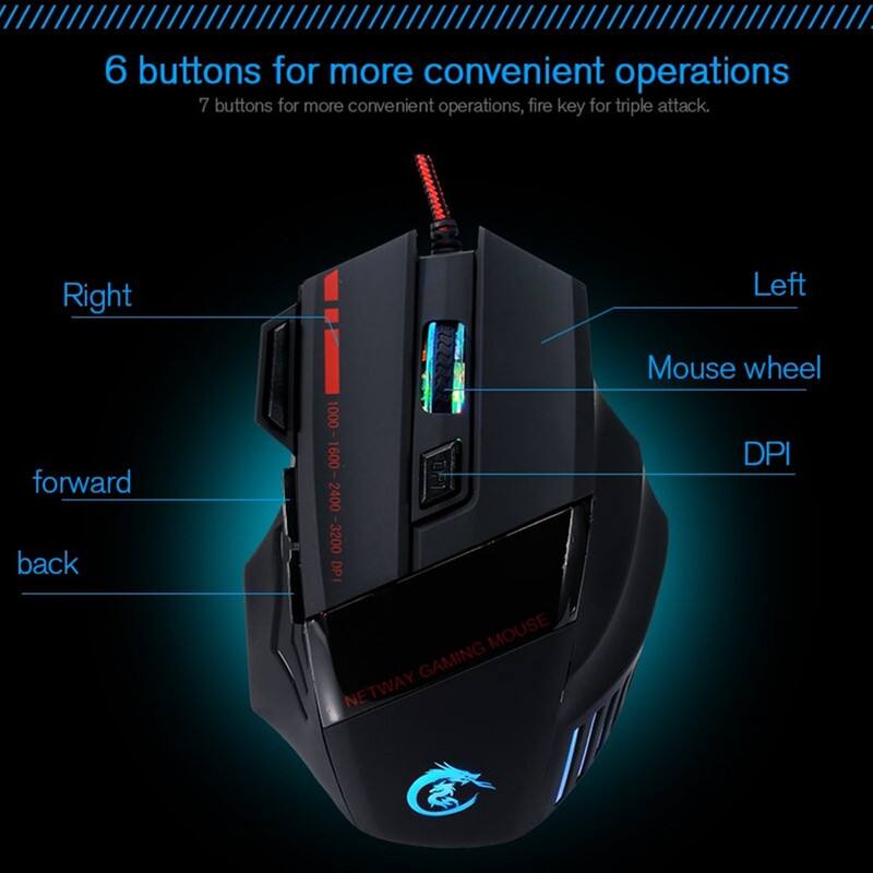 6 buttons for more convenient operations  
7 buttons for more convenient operations, fire key for triple attack.  

Right  
forward  
back  

Left  
Mouse wheel  

DPI: 1000, 1600, 2400, 3200  

DP MOUSE GAMING NETWAY