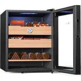 KingChii - 48L Cigar Humidor with Temperature Control, Spanish Cedar Shelves and Hygrometer(350 Capacity) - Black