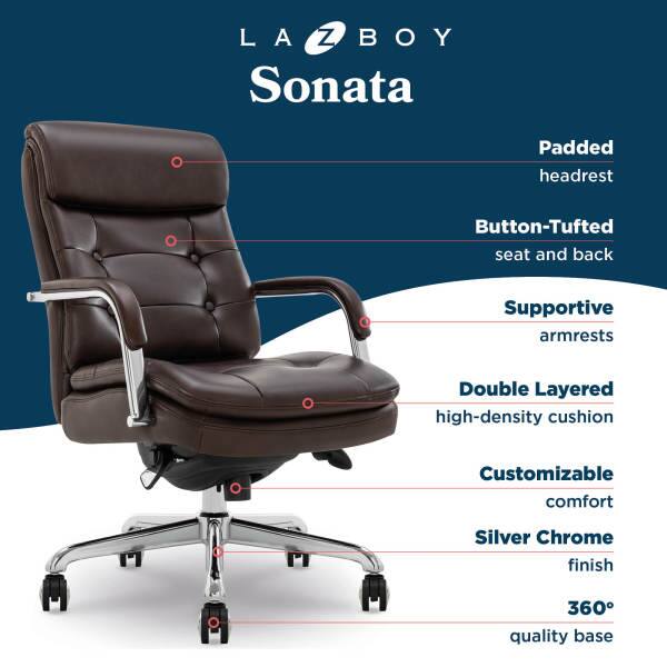 LAZ BOY Sonata  
Padded headrest  
Button-Tufted seat and back  
Supportive armrests  
Double Layered high-density cushion  
Customizable comfort  
Silver Chrome finish  
360° quality base