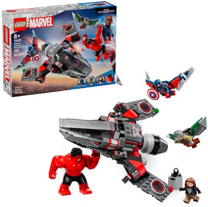 The text on the image reads: "LEGO MARVEL 0097 76292 8+ Captain America FL Red Hulk Battle 223 pcs/pzs MARVEL Bulflding THP - - - o - anfatraccin na H - - CAPTAIN AMERICA Ma th."