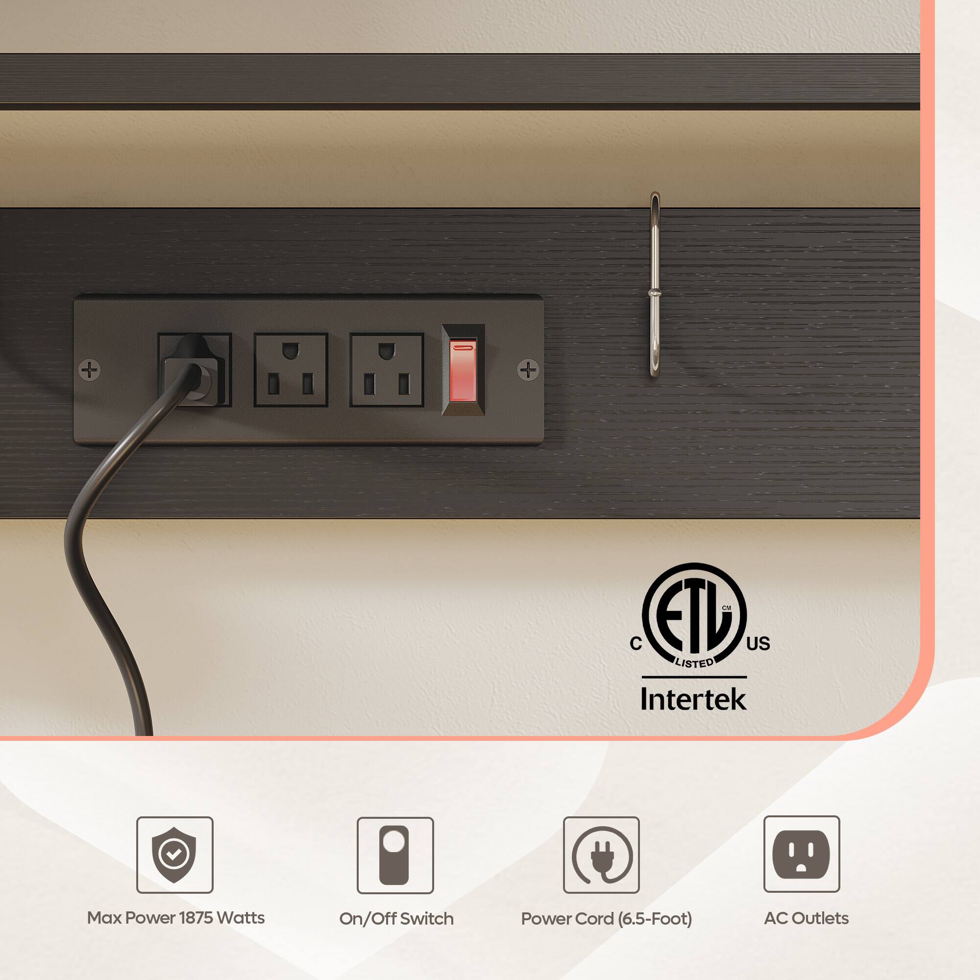- ETL US LISTED
- Intertek
- Max Power 1875 Watts
- On/Off Switch
- Power Cord (6.5-Foot)
- AC Outlets