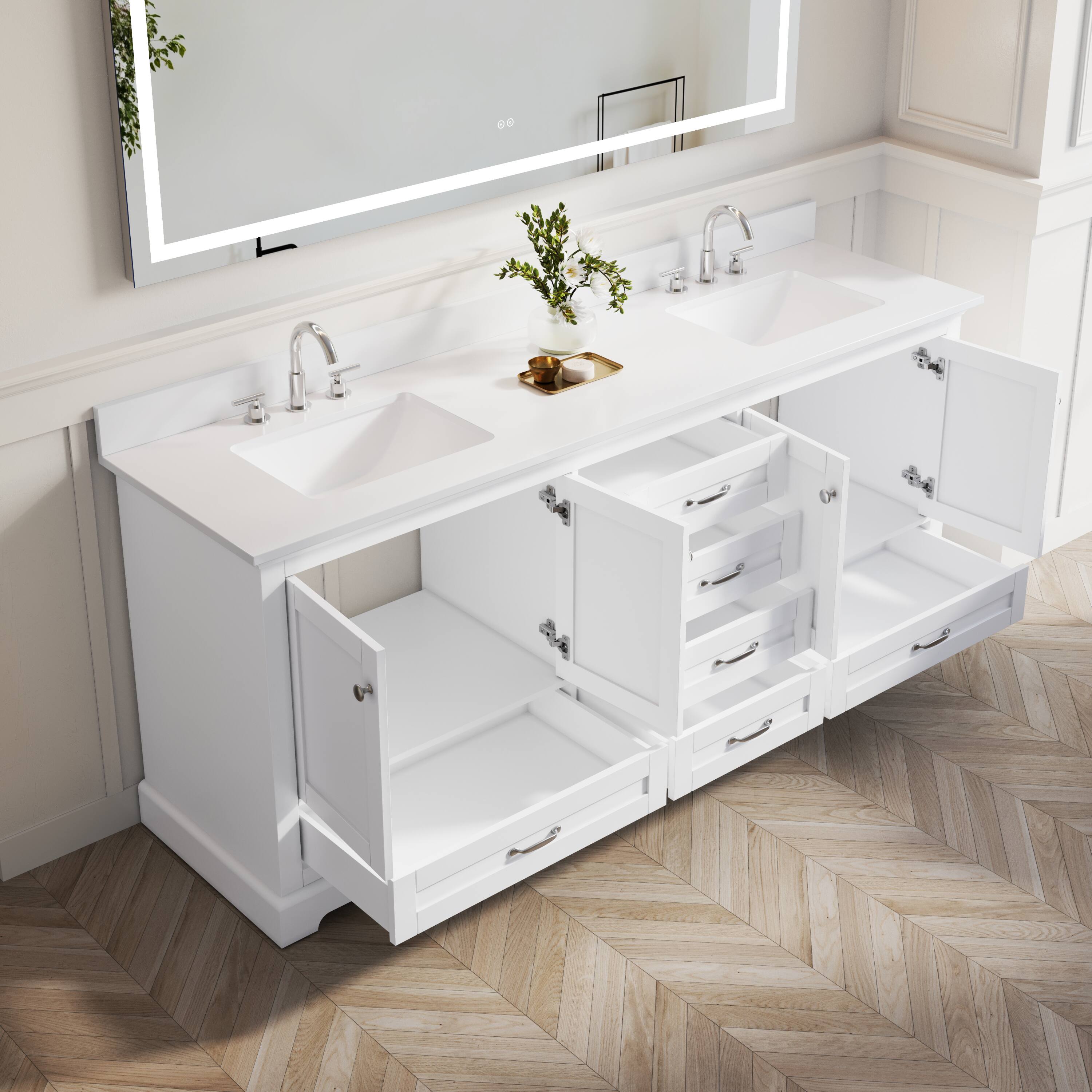 Back. WELLFOR - LVD 80 in. Solid Wood Double Sink Freestanding Bath Vanity with Culutered Marble Top, Assembled - White.