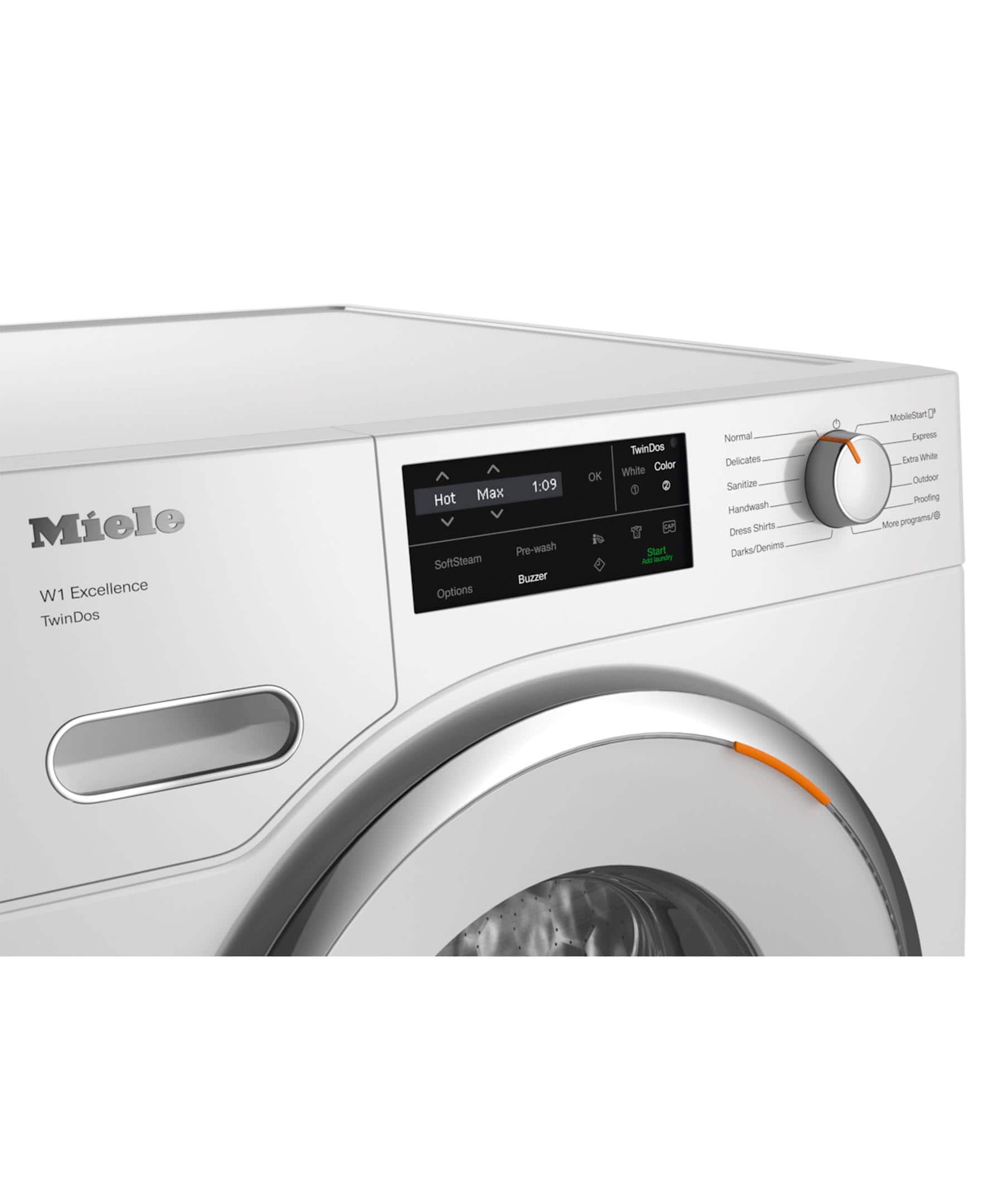 Miele W1 Excellence TwinDos Max 1:09 Hot Pre-wash SoftSteam Buzzer Options OK TwinDos White Color Start and Sundry Normal Delicates Sanitize Handwash Dress Shirts Dry Density Demin Mobiledtart Epress Fala White Outdoor Proofing More programs.