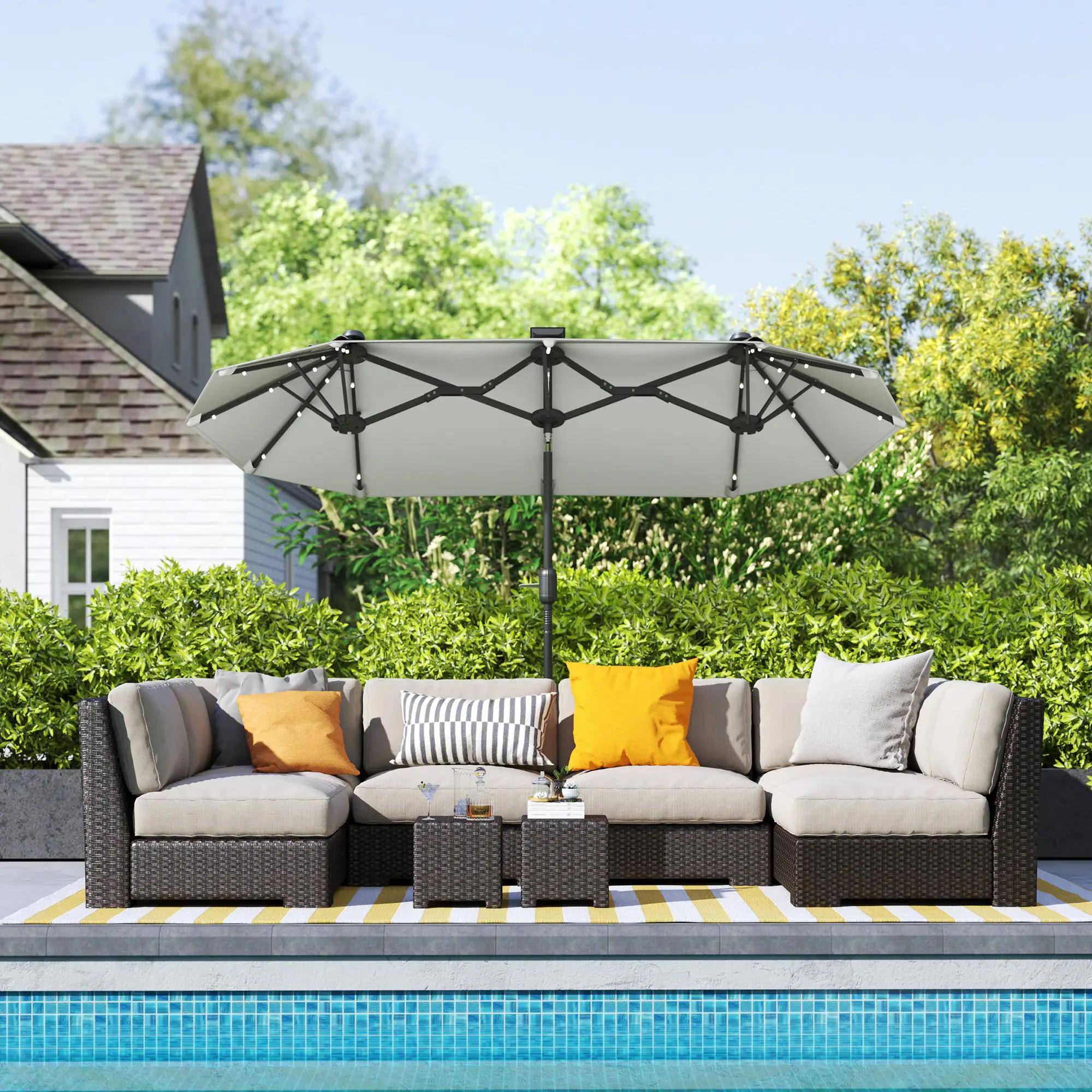 Alt View 6. Spaco - Spaco Extra Large Double-Sided Patio Umbrella, Solar LED Lights, Tilt, Base - Grey.