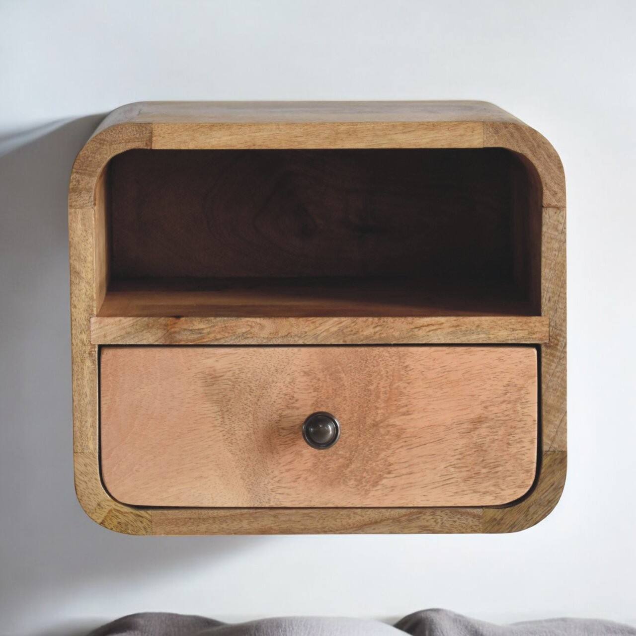 Angle. Artisan Furniture - Artisan Furniture Solid Wood Extra Mini Wall Mounted Curved Oak-ish Bedside with Open Slot, 1 Drawer, Brown - Brown.