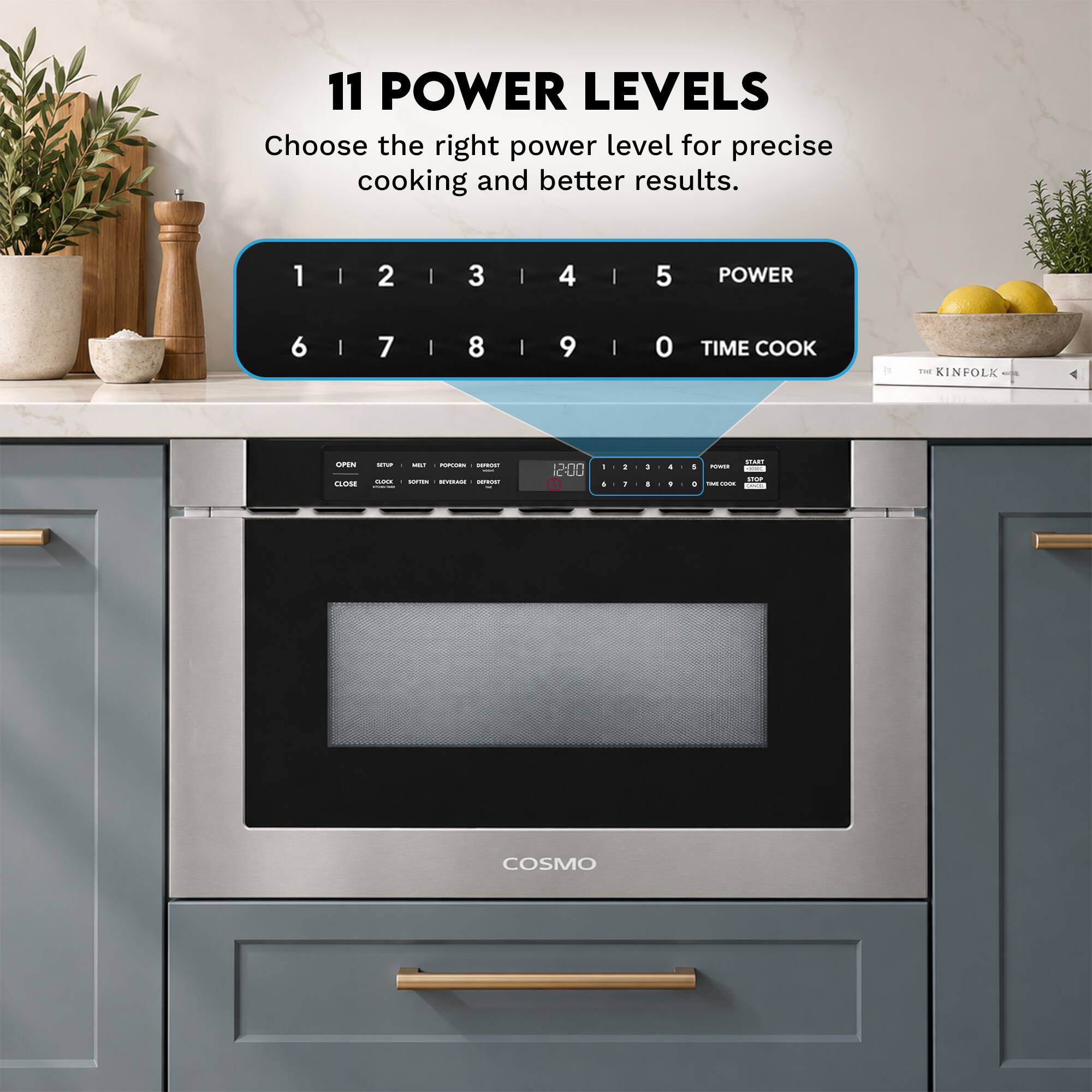 11 POWER LEVELS  
Choose the right power level for precise cooking and better results.  

1 2 3 4 5 POWER  
6 7 8 9 0 TIME COOK  

THE KINFOLK  

COSMO