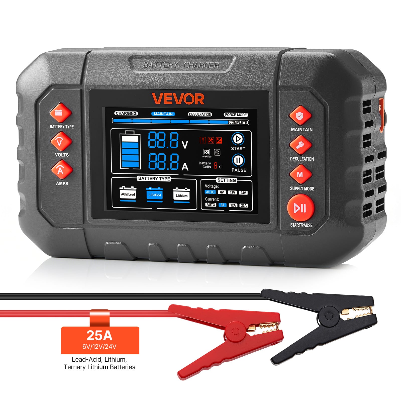 VEVOR - Smart Battery Charger, 25A, 6V 12V 24V Ternary Lithium LiFePO4 Lead-Acid (Gel/AGM) Battery Charger