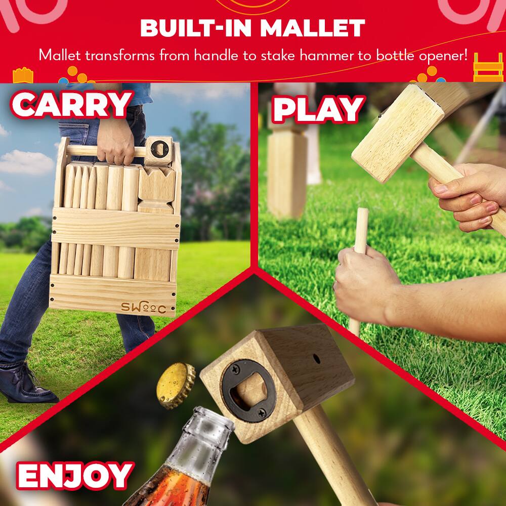 BUILT-IN MALLETS  
Mallet transforms from handle to stake hammer to bottle opener!

CARRY  
PLAY  
ENJOY