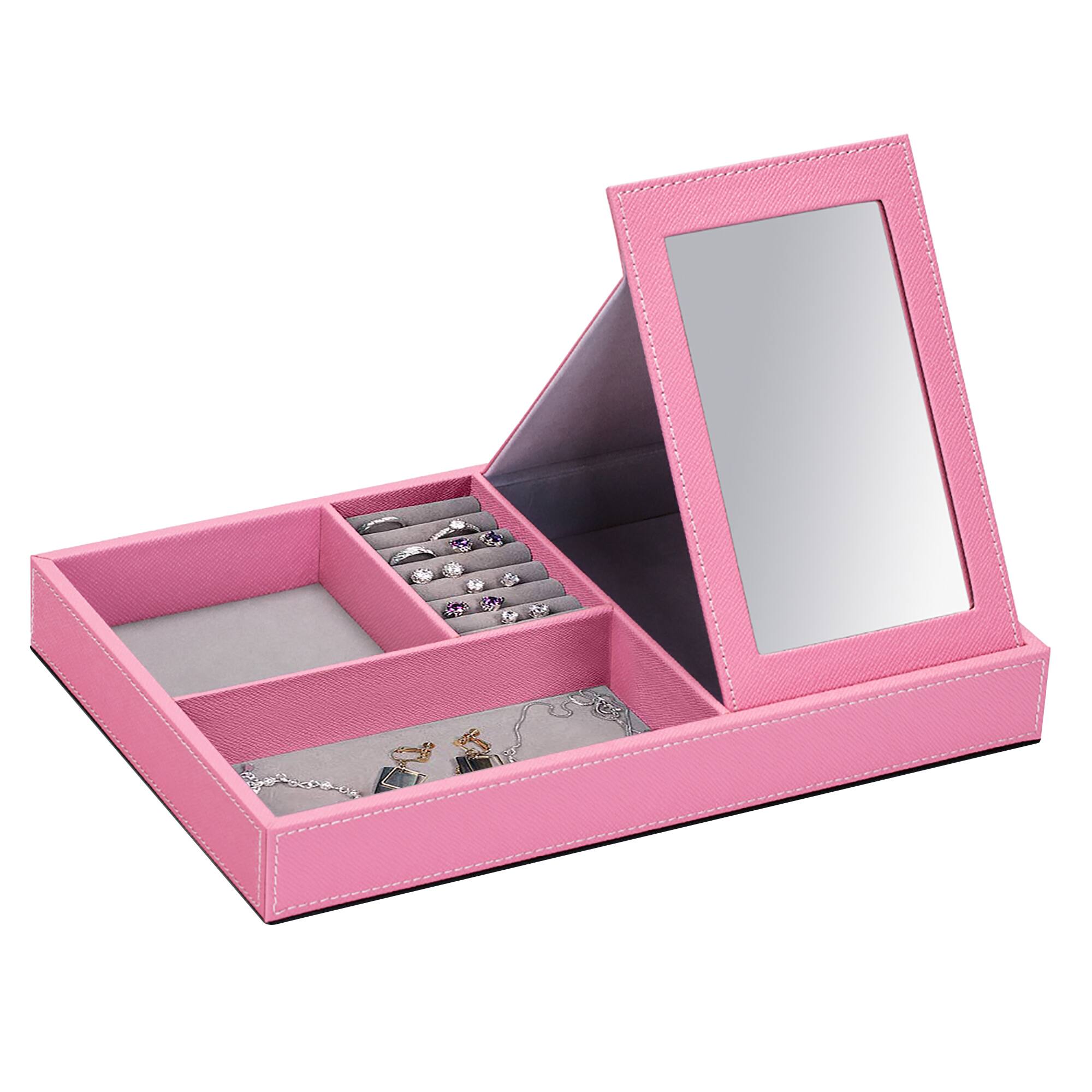 Back. Oumilen - Pink Faux Leather Jewelry Box with Fold-Out Mirror, Multi-Compartment Organizer Tray for Rings Earrings Necklace - Pink.